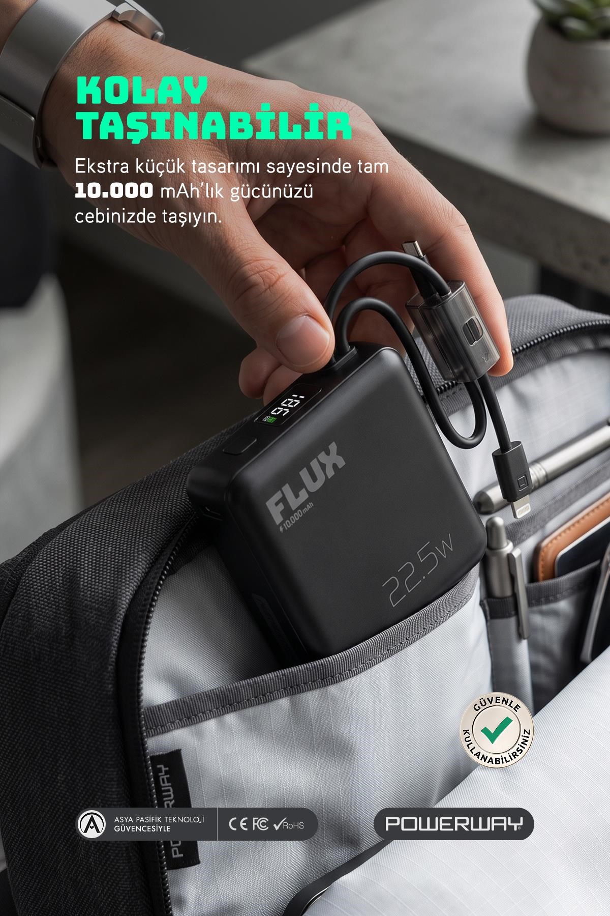 10.000 Mah PD 22.5W Hızlı Şarj Gerçek 10.000 mAh Garantili Flux Siyah Powerbank