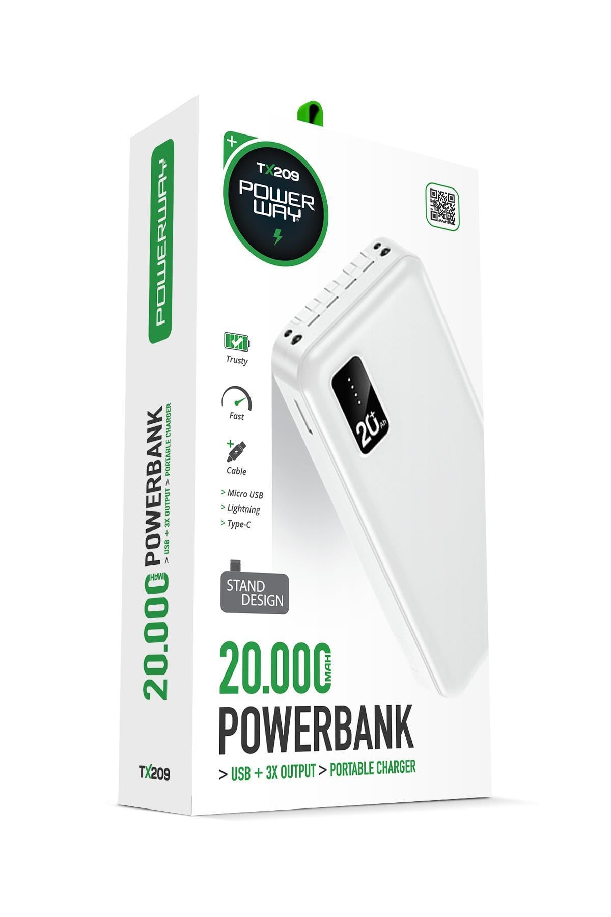Powerway TX209 Beyaz 20.000 mAh Dijital Göstergeli Ekstra Kablolu Dahili Stand Powerbank