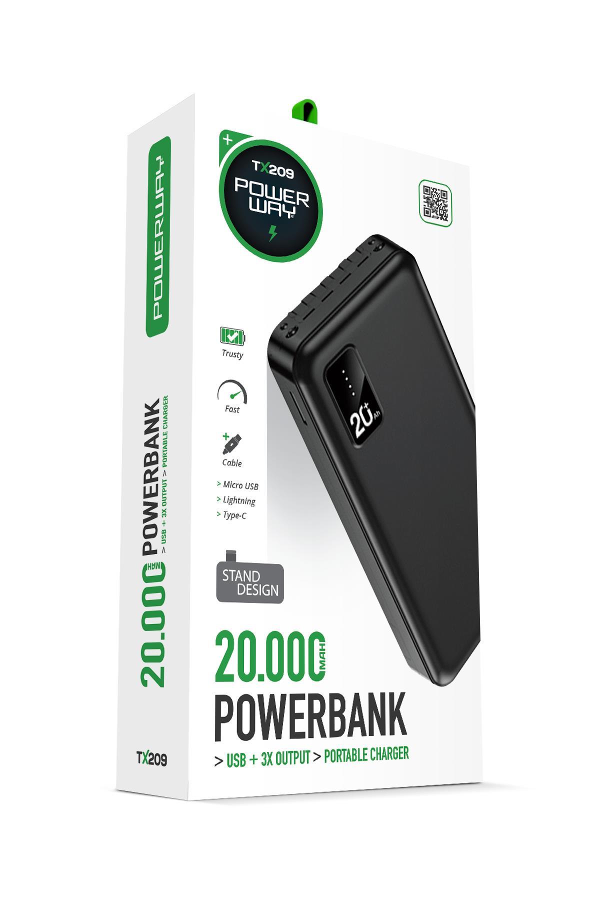 Powerway TX209 Siyah 20.000 mAh Dijital Göstergeli Ekstra Kablolu Dahili Stand Powerbank