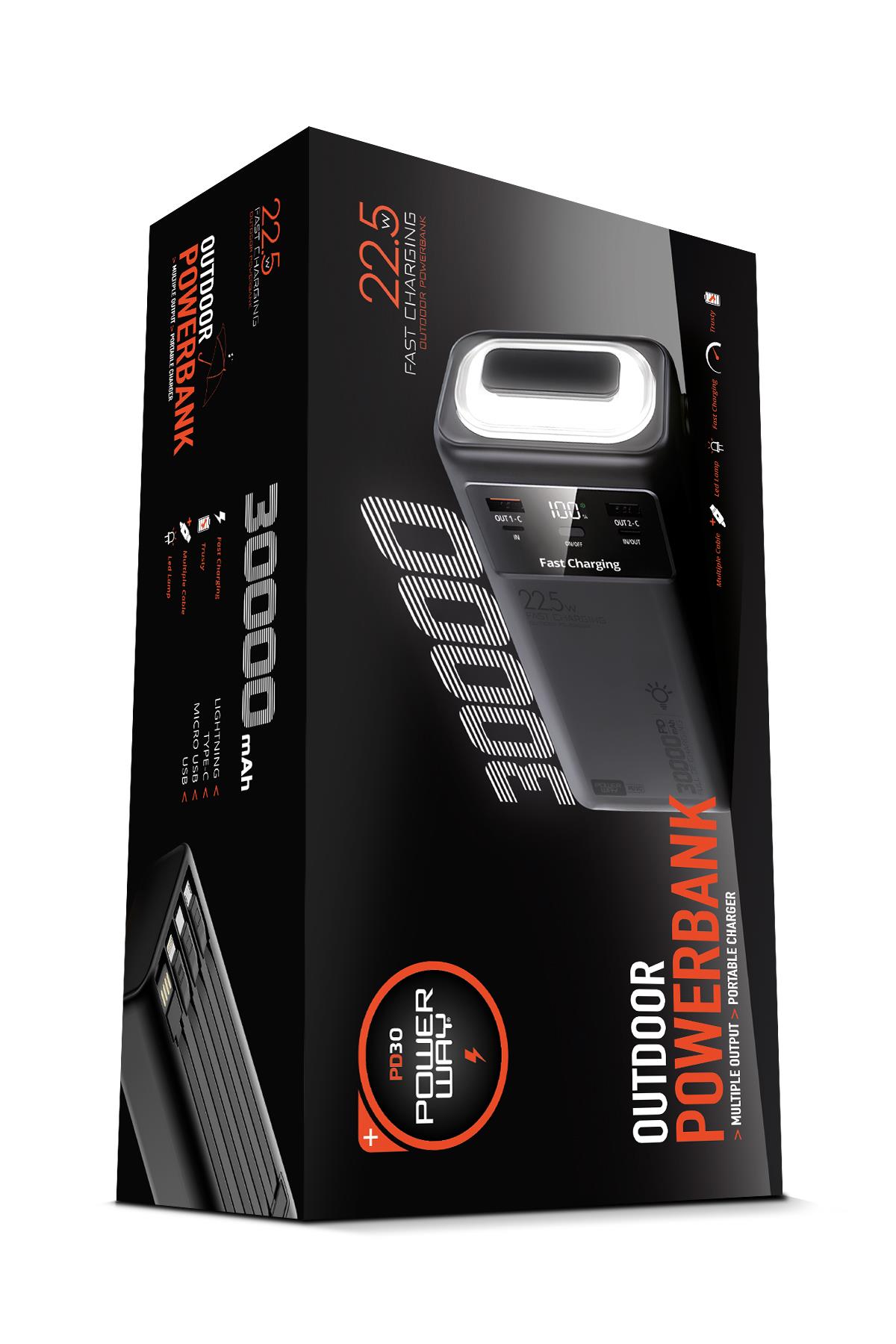 30.000 Mah Pd 22.5W Dahili Kablolu Hızlı Şarj Led Fener Gerçek 30.000 Mah PD30 Siyah Powerbank