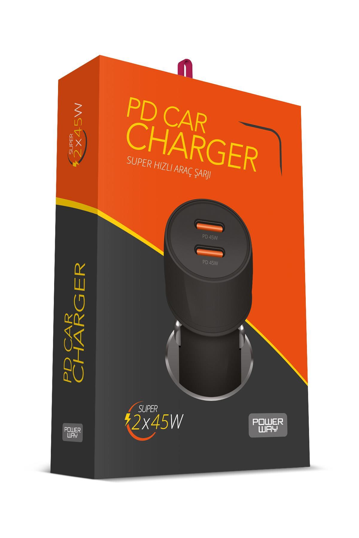 Powerway CC45 PD45W Ultra Hızlı 2x Type-C Girişli Araç Içi Çakmaklık Şarj Adaptörü