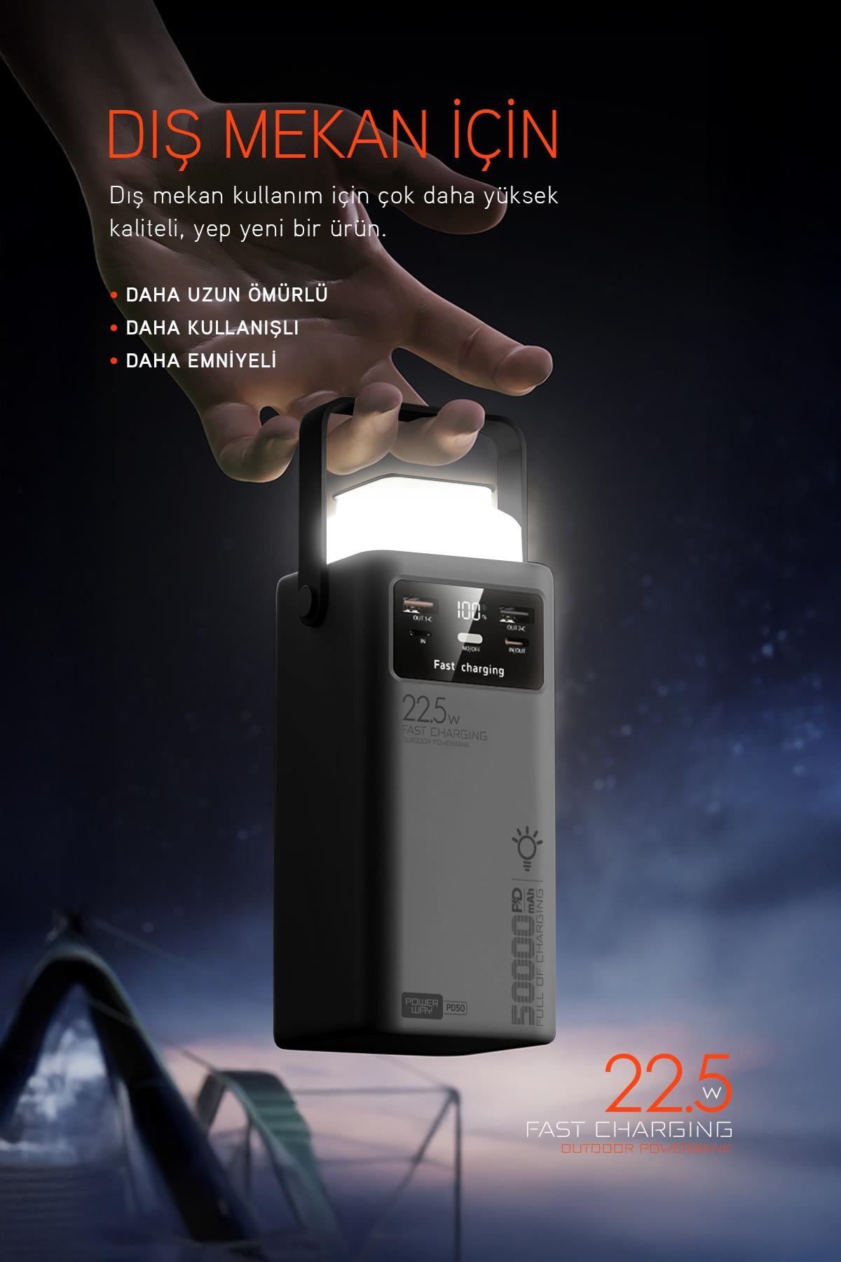 50.000 mAh PD 22.5w Hızlı Şarj Dahili Kablolu Kamp Taşınabilir Güç Kaynağı Beyaz PD50 Powerbank