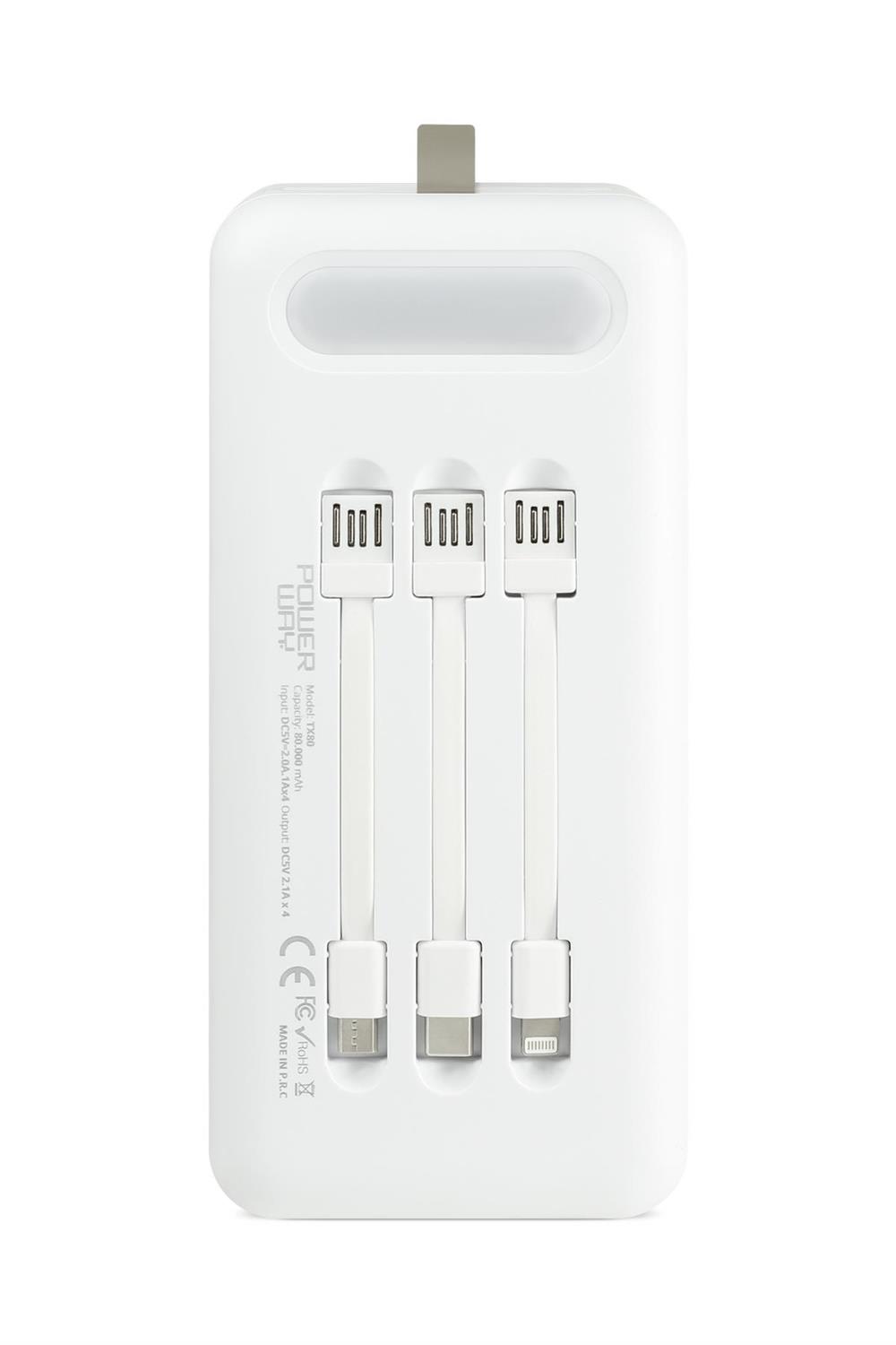 Powerway TX80 Beyaz 80.000 mAh Çoklu Çıkış Dijital Göstergeli Ekstra Kablolu Powerbank