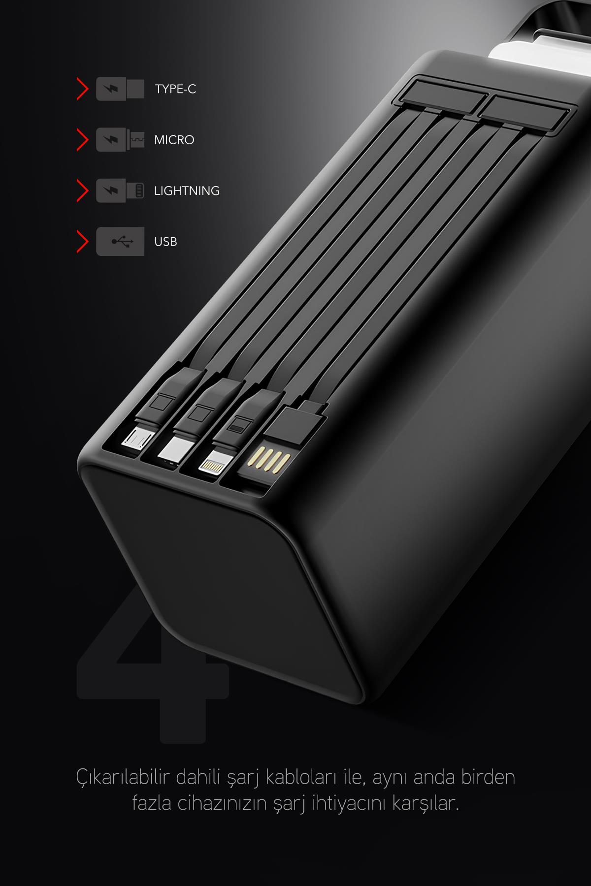 80.000 mAh PD 22.5W Hızlı Şarj Dahili Kablolu Kamp Taşınabilir Güç Kaynağı Siyah PD80 Powerbank