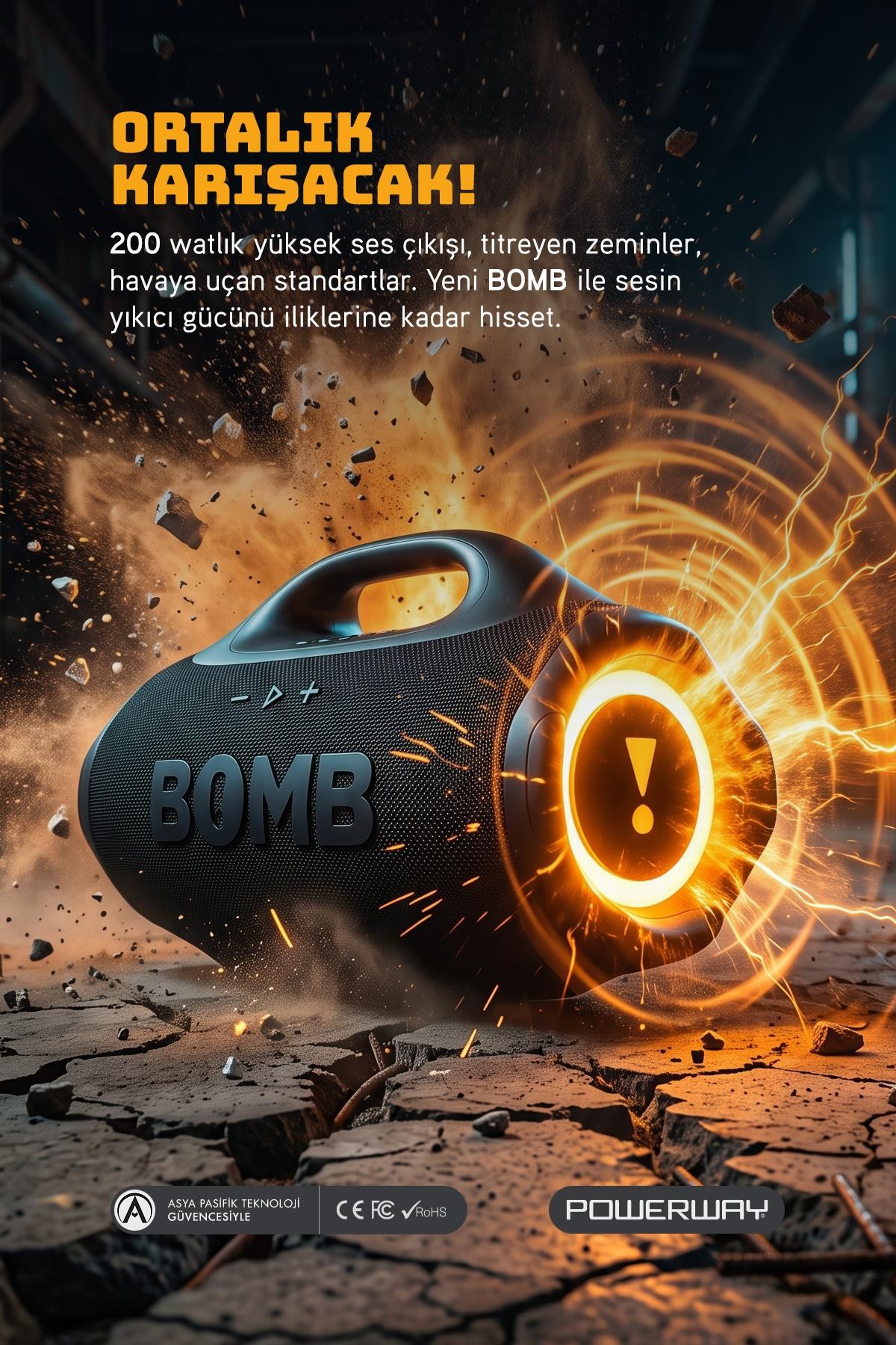 Bomb 200W Süper Çift Bass  Usb Hafıza Kartı Aux Led Işıklı Bluetooth Kablosuz Hoparlör Hi-Fi Ses Bombası