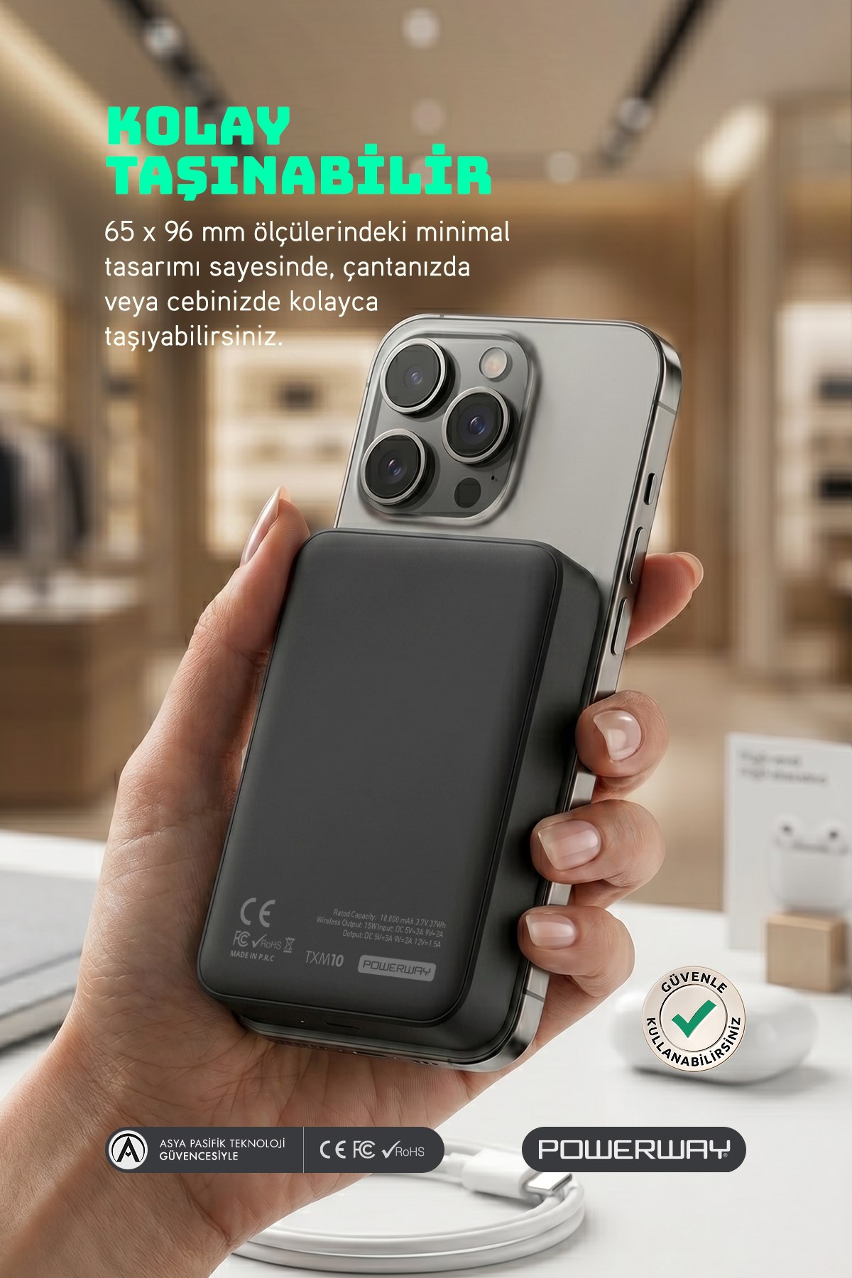 Powerway 10.000 mAh PD 15W Magsafe Kablosuz Wireless Taşınabilir Şarj Cihazı Siyah Powerbank TXM10