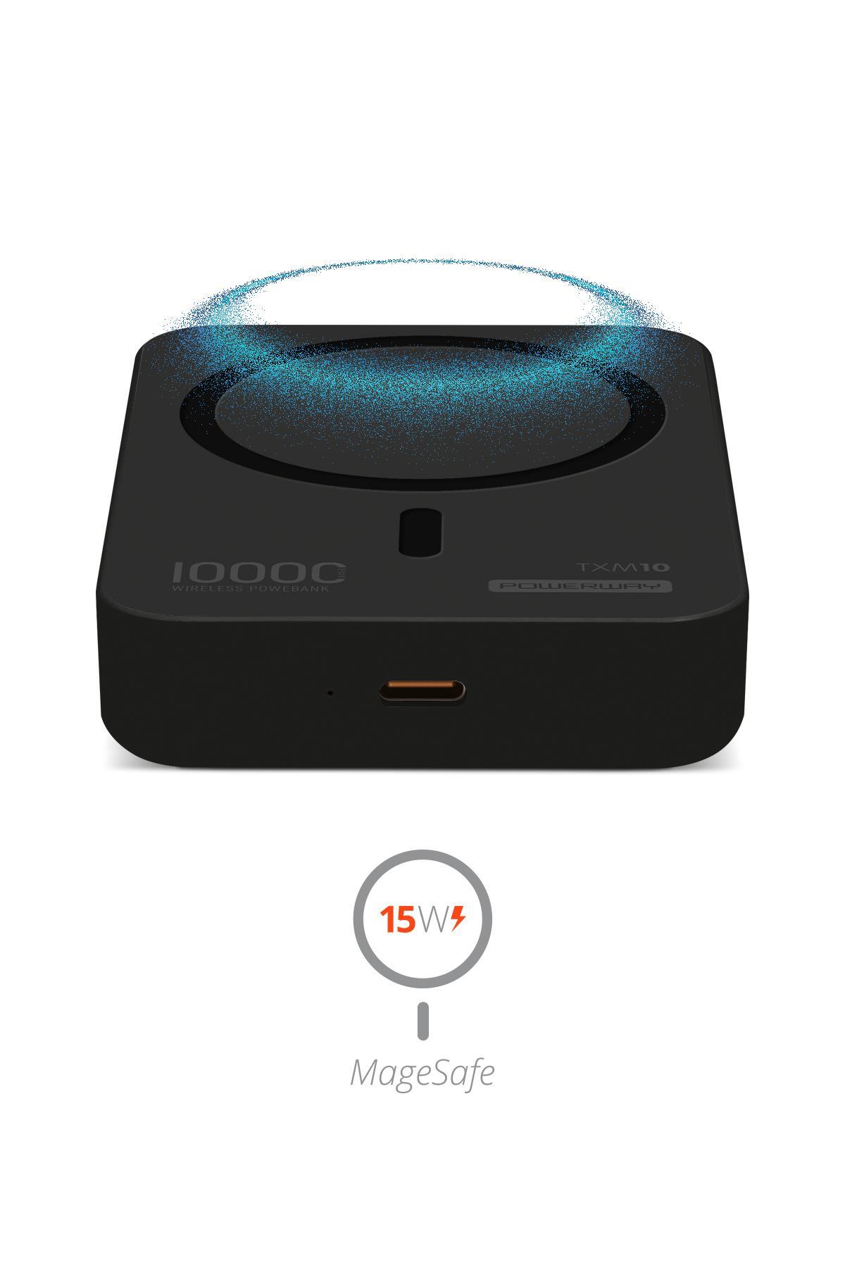 Powerway 10.000 mAh PD 15W Magsafe Kablosuz Wireless Taşınabilir Şarj Cihazı Siyah Powerbank TXM10