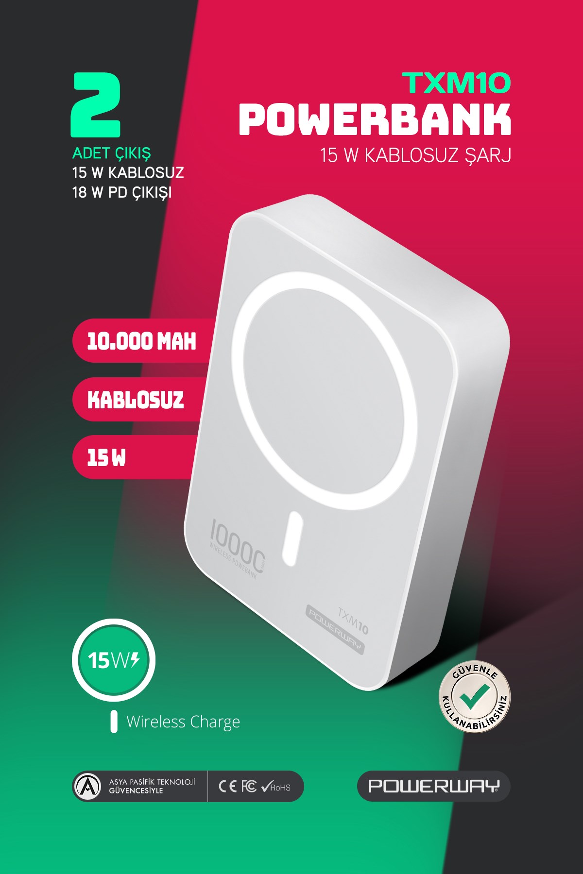 Powerway 10.000 mAh PD 15W Magsafe Kablosuz Wireless Taşınabilir Şarj Cihazı Beyaz Powerbank TXM10