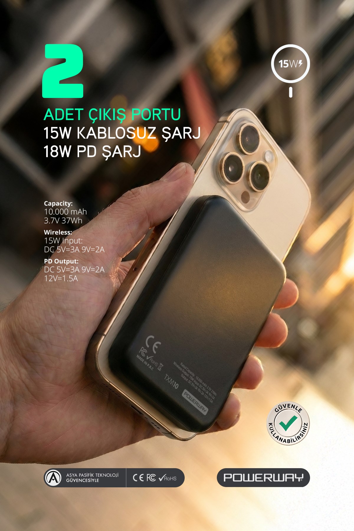 Powerway 10.000 mAh PD 15W Magsafe Kablosuz Wireless Taşınabilir Şarj Cihazı Siyah Powerbank TXM10
