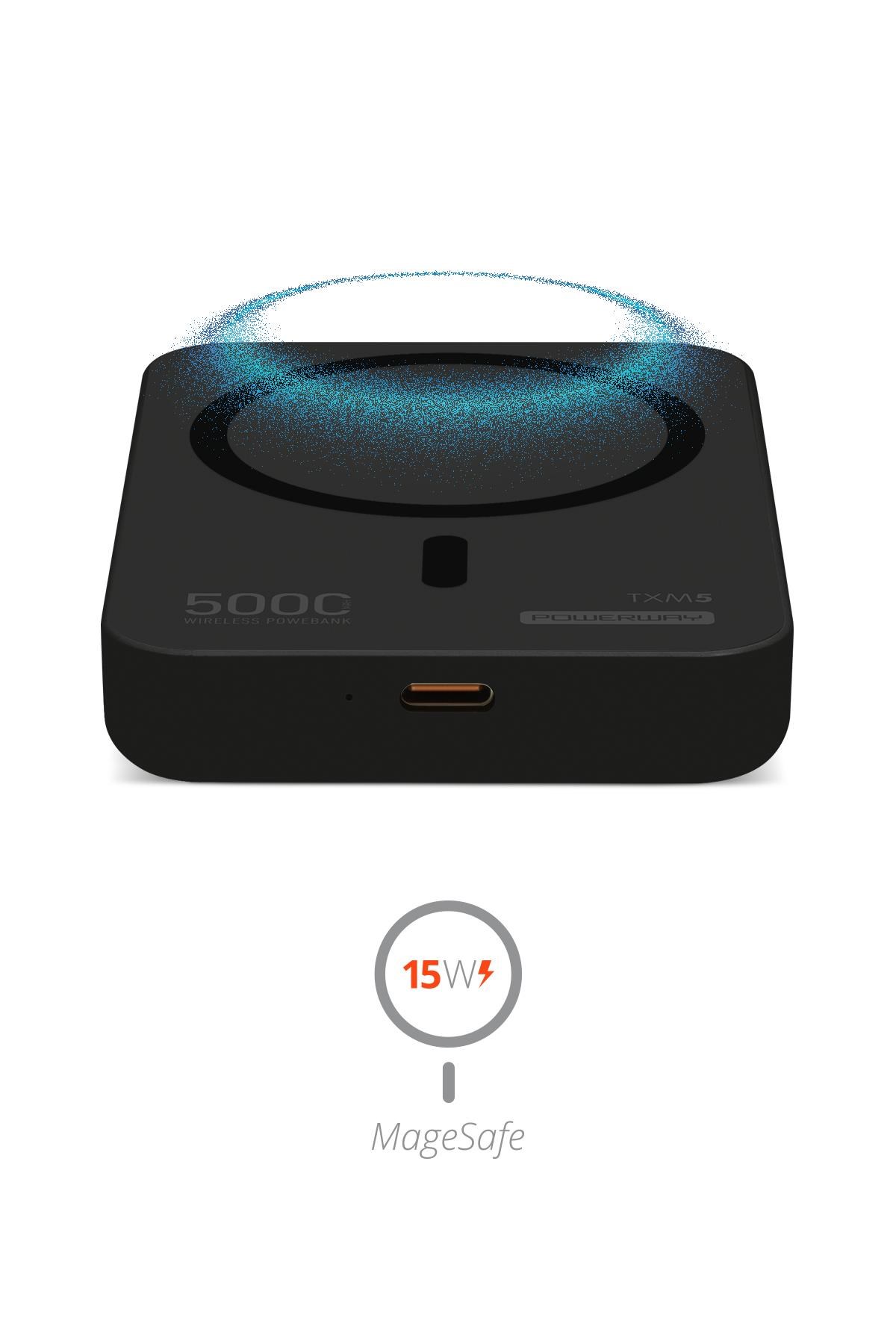 Powerway 5.000 mAh PD 15W Magsafe Kablosuz Wireless Taşınabilir Şarj Cihazı Siyah Powerbank TXM5