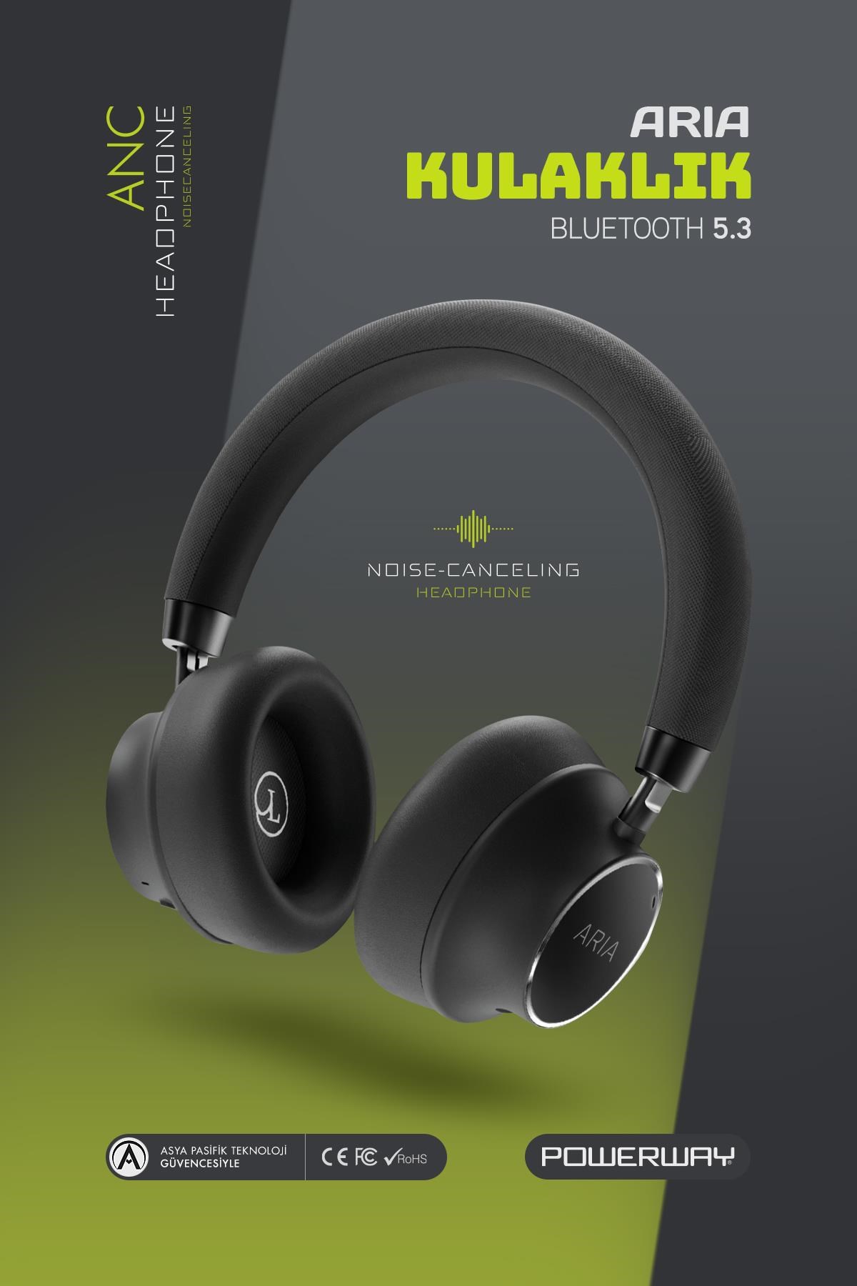 Powerway Aria Kulak Üstü Bluetooth Kulaklık Siyah Kablosuz Ayarlanabilir Aktif Gürültü Önleyici