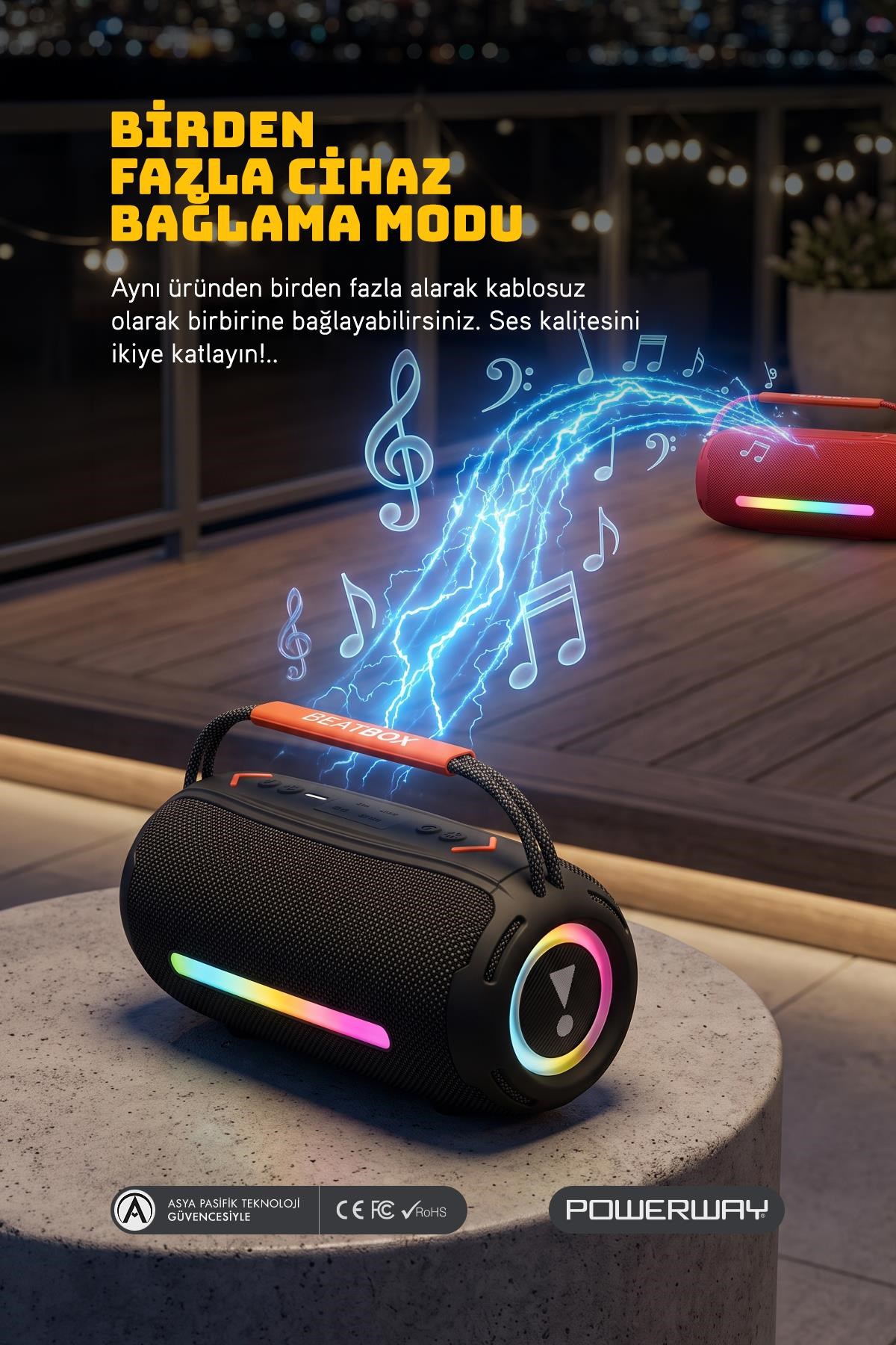 Powerway BeatBox Siyah Led Işıklı Dayanıklı Ses Bombası Usb Sd Aux FM Radyo Bluetooh Hoparlör