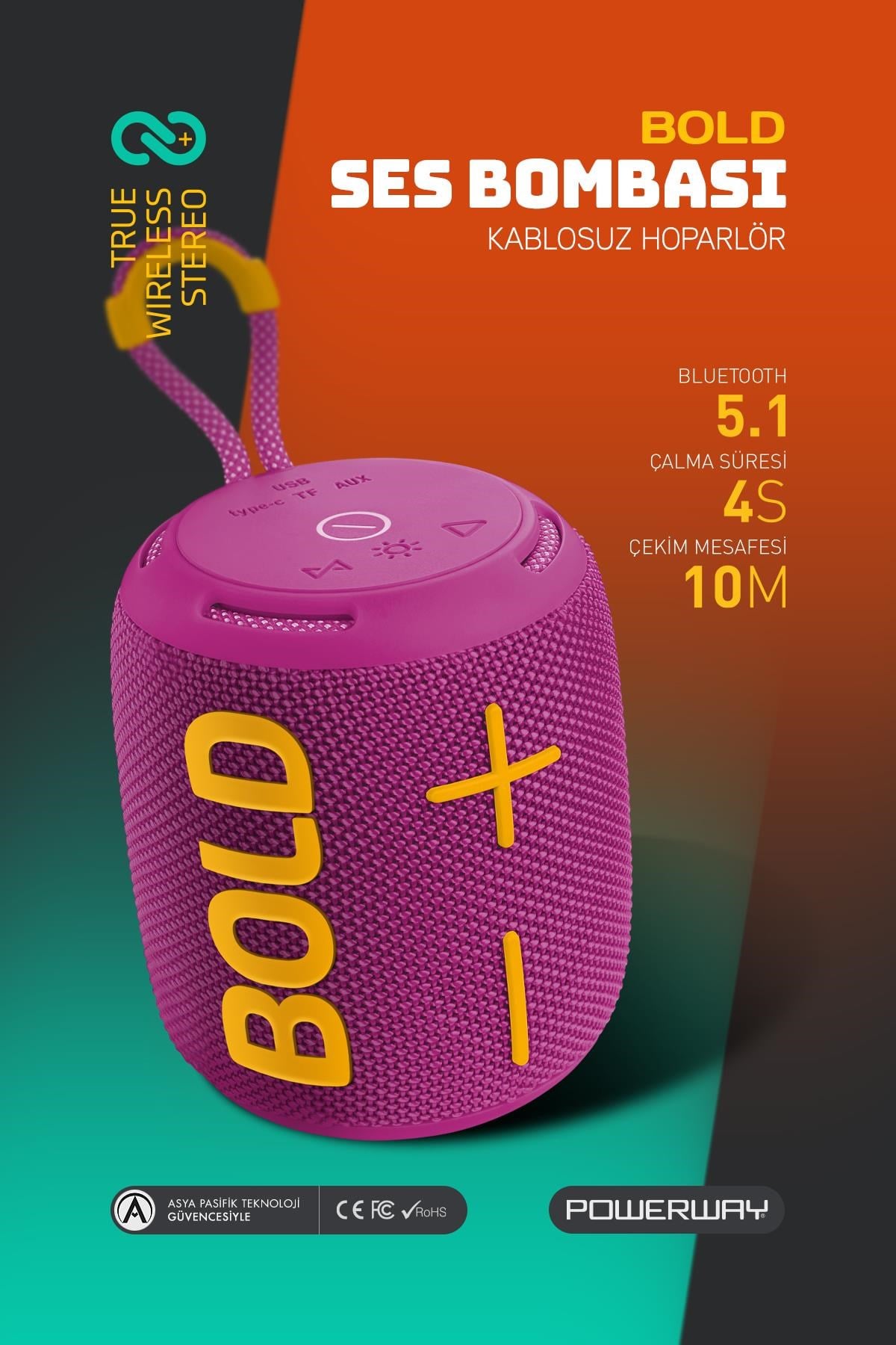 Powerway Bold Eflatun Taşınabilir Ses Bombası Kablosuz Bluetooth Hoparlör Speaker Yüksek Sesli TWS