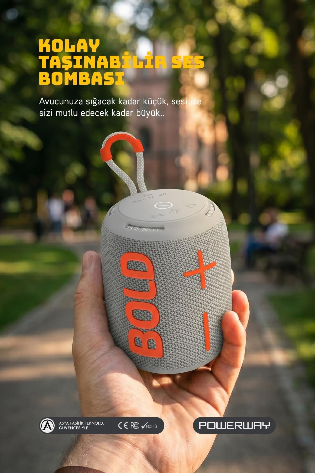 Powerway Bold Gri Taşınabilir Ses Bombası Kablosuz Bluetooth Hoparlör Speaker Yüksek Sesli TWS