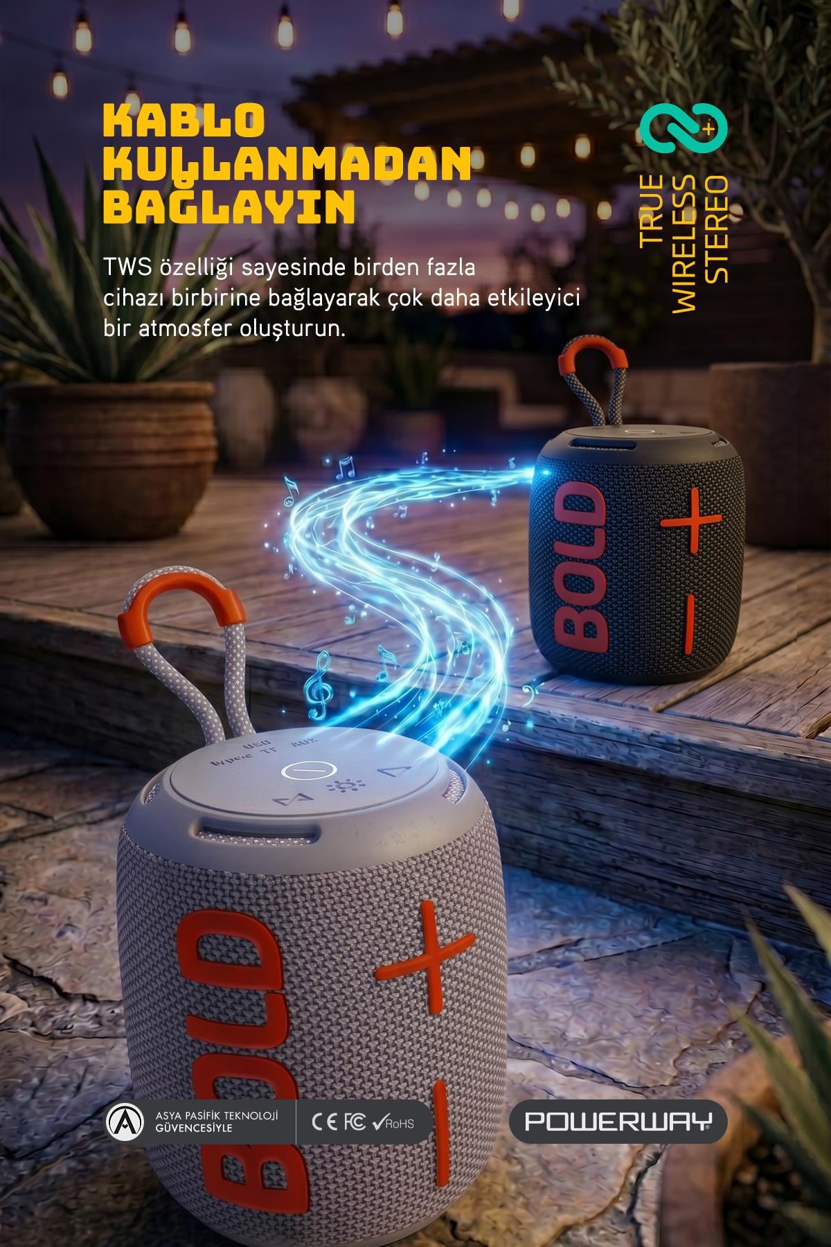 Powerway Bold Gri Taşınabilir Ses Bombası Kablosuz Bluetooth Hoparlör Speaker Yüksek Sesli TWS