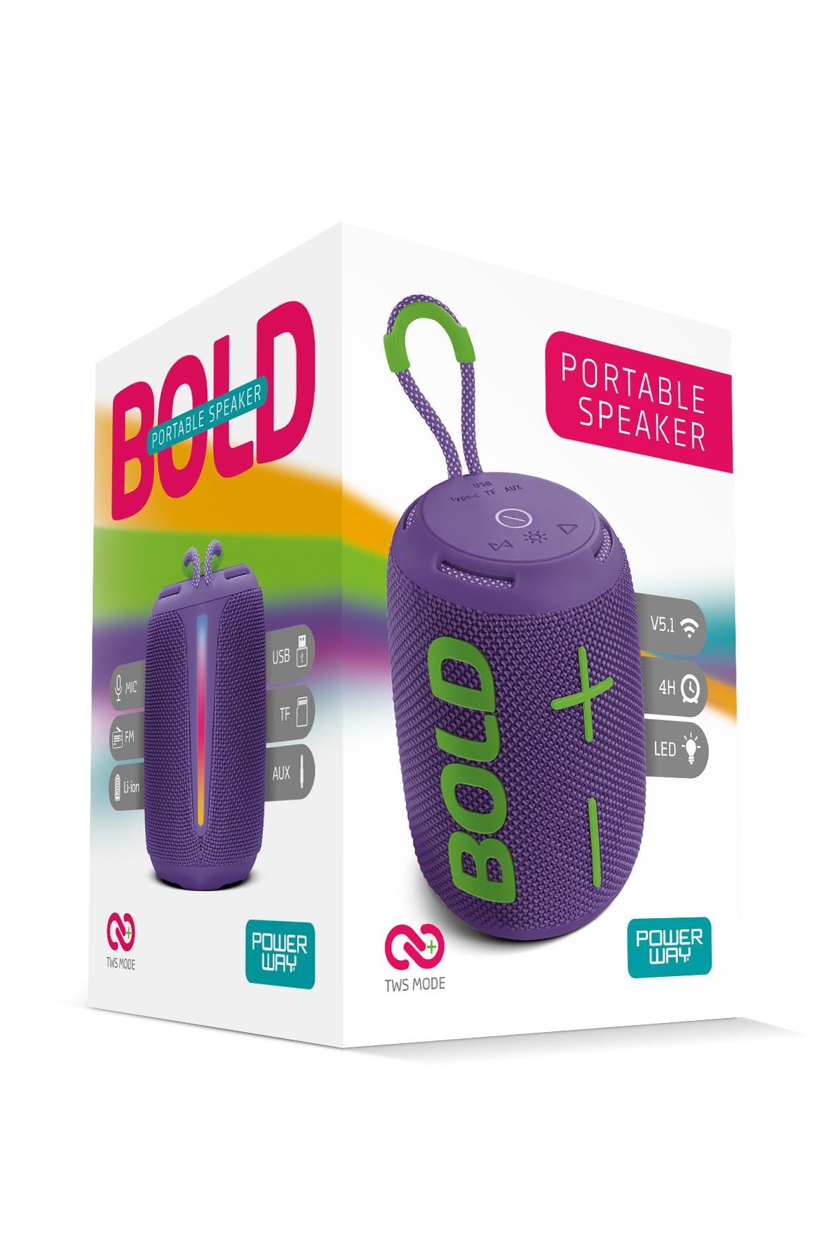 Powerway Bold Mor Taşınabilir Ses Bombası Kablosuz Bluetooth Hoparlör Speaker Yüksek Sesli TWS