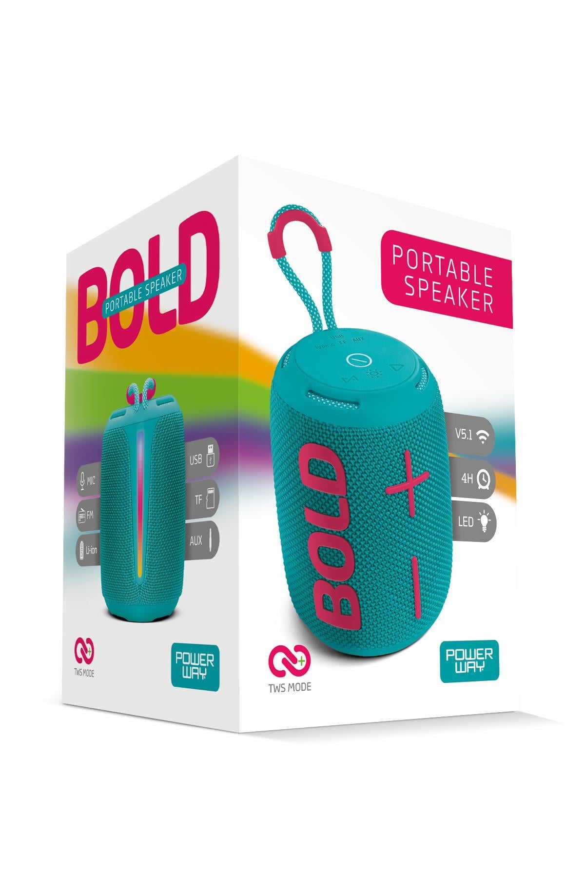 Powerway Bold Turkuaz Taşınabilir Ses Bombası Kablosuz Bluetooth Hoparlör Speaker Yüksek Sesli TWS