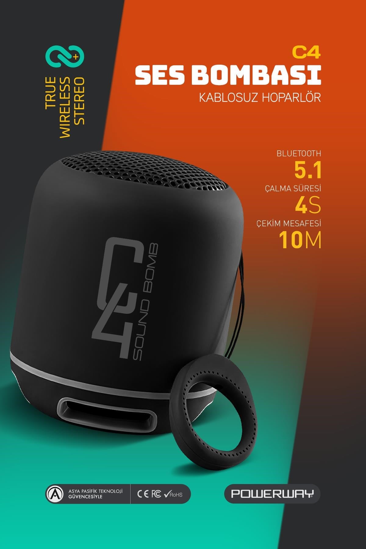 Powerway C4 Siyah Bluetooth Hoparlör Sese Duyarlı Led Işık