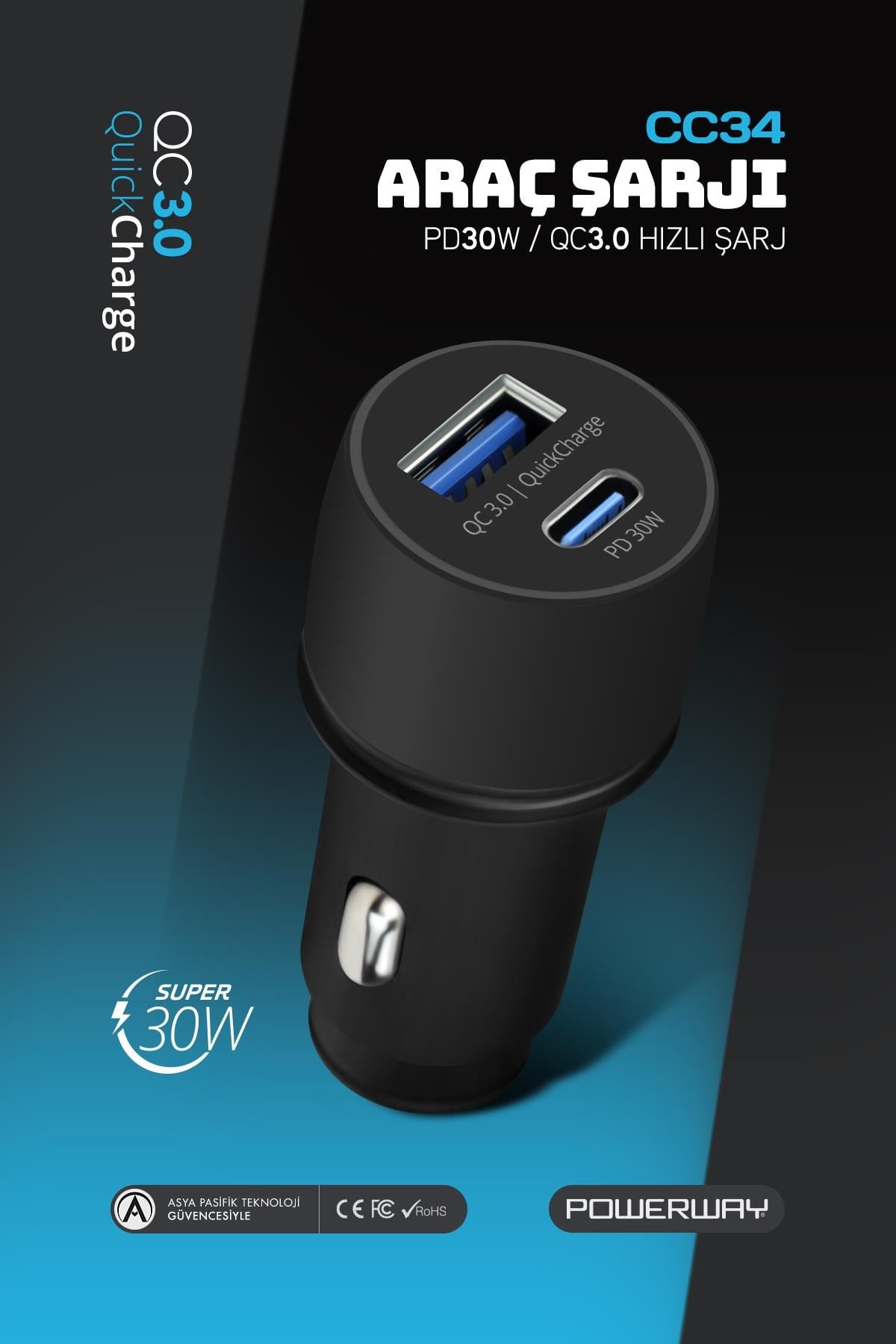 Powerway CC34 Araç İçi Çakmaklık Hızlı Şarj Cihazı 30W PD QC 3.0 Type-C - Usb
