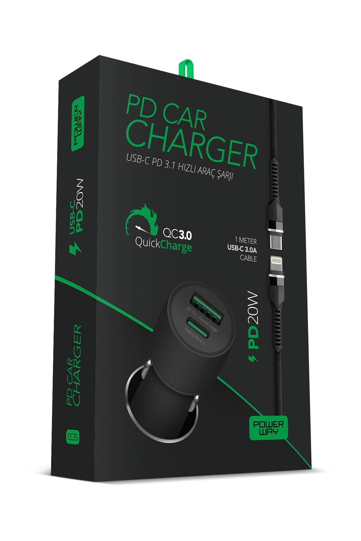 Powerway CC35 Araç İçi Çakmaklık Hızlı Şarj Cihazı 27W PD QC 3.0 Type-C USB Çıkışlı + Lightning Kablo