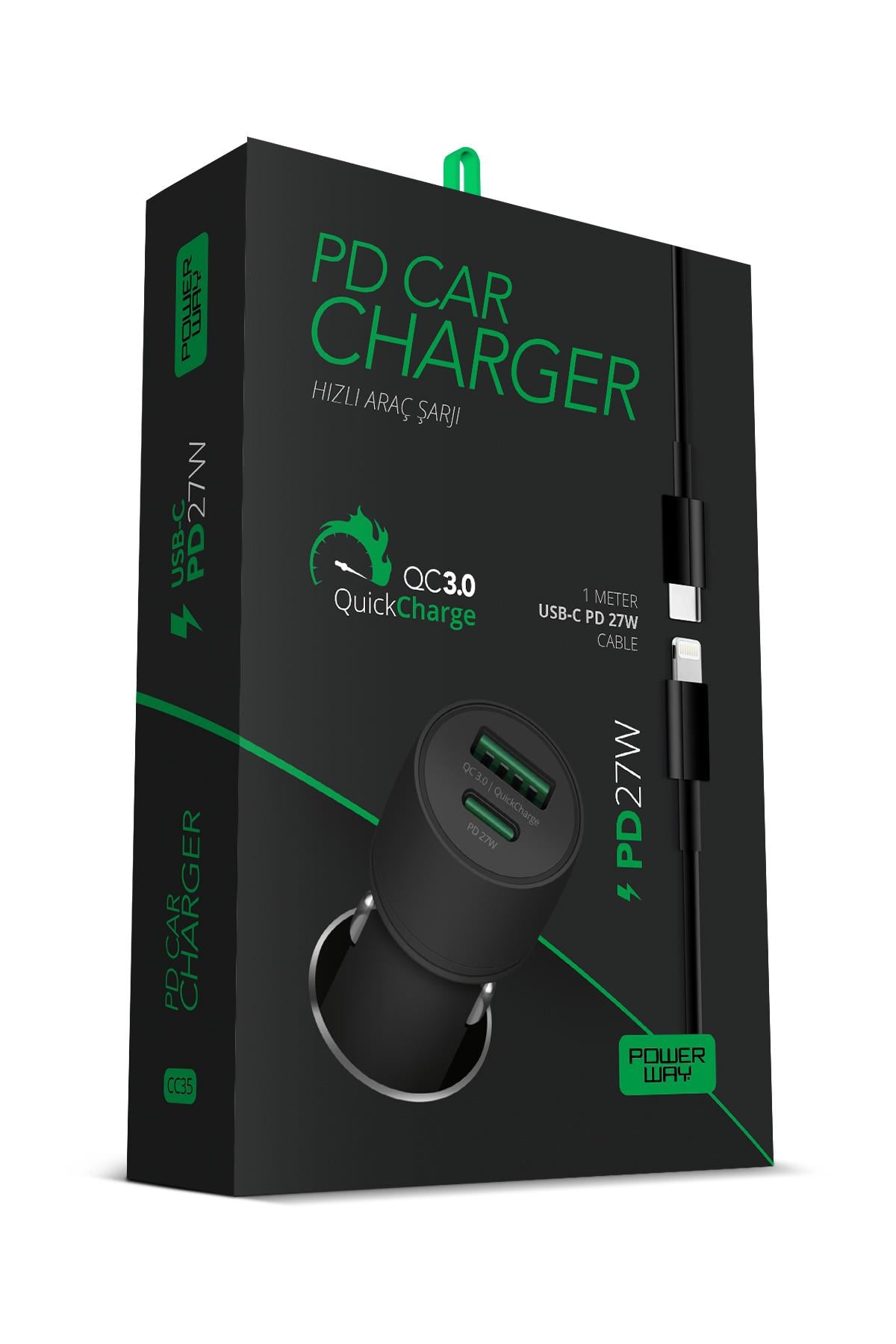 Powerway CC35 Araç İçi Çakmaklık Hızlı Şarj Cihazı 27W PD QC 3.0 Type-C USB Çıkışlı + Lightning Kablo
