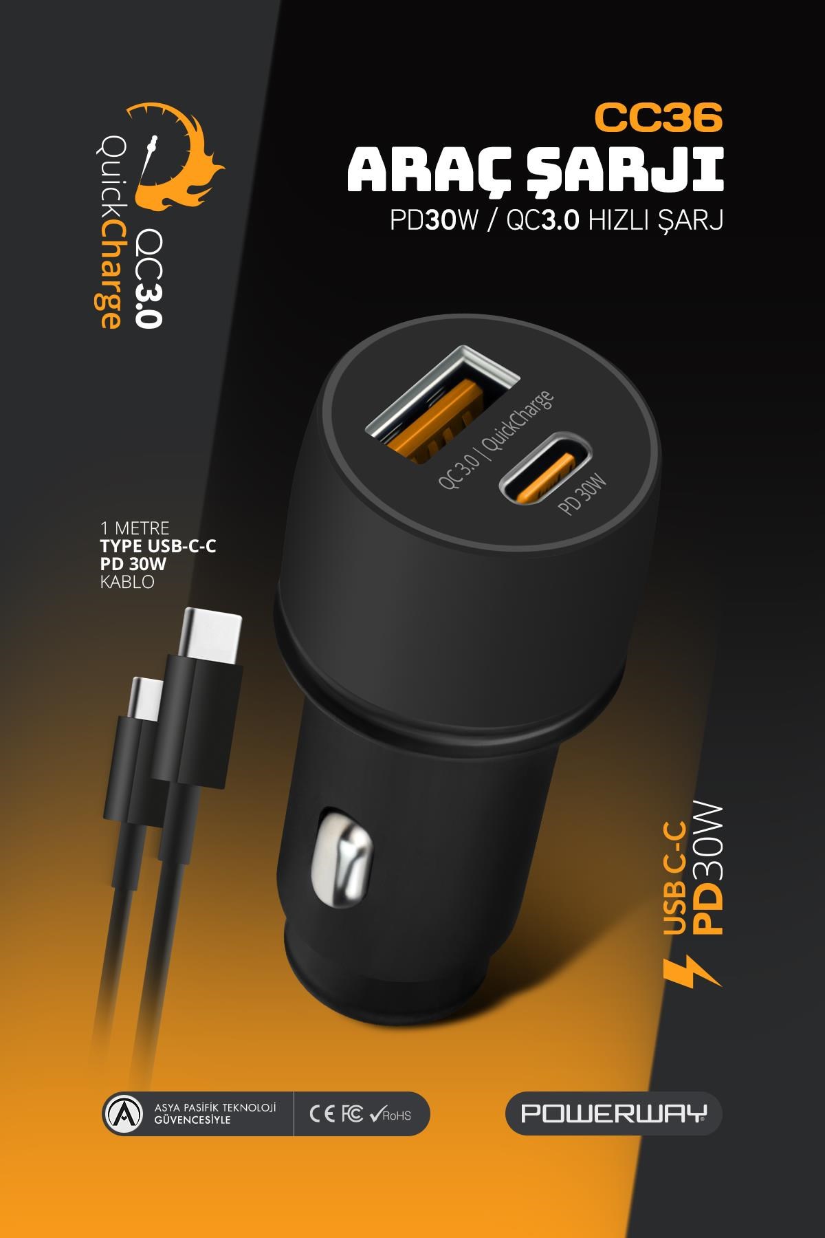 Powerway CC36 Araç İçi Hızlı Şarj Cihazı | 30W PD QC 3.0 Type-C USB Çıkışlı + Type-C Şarj Kablosu
