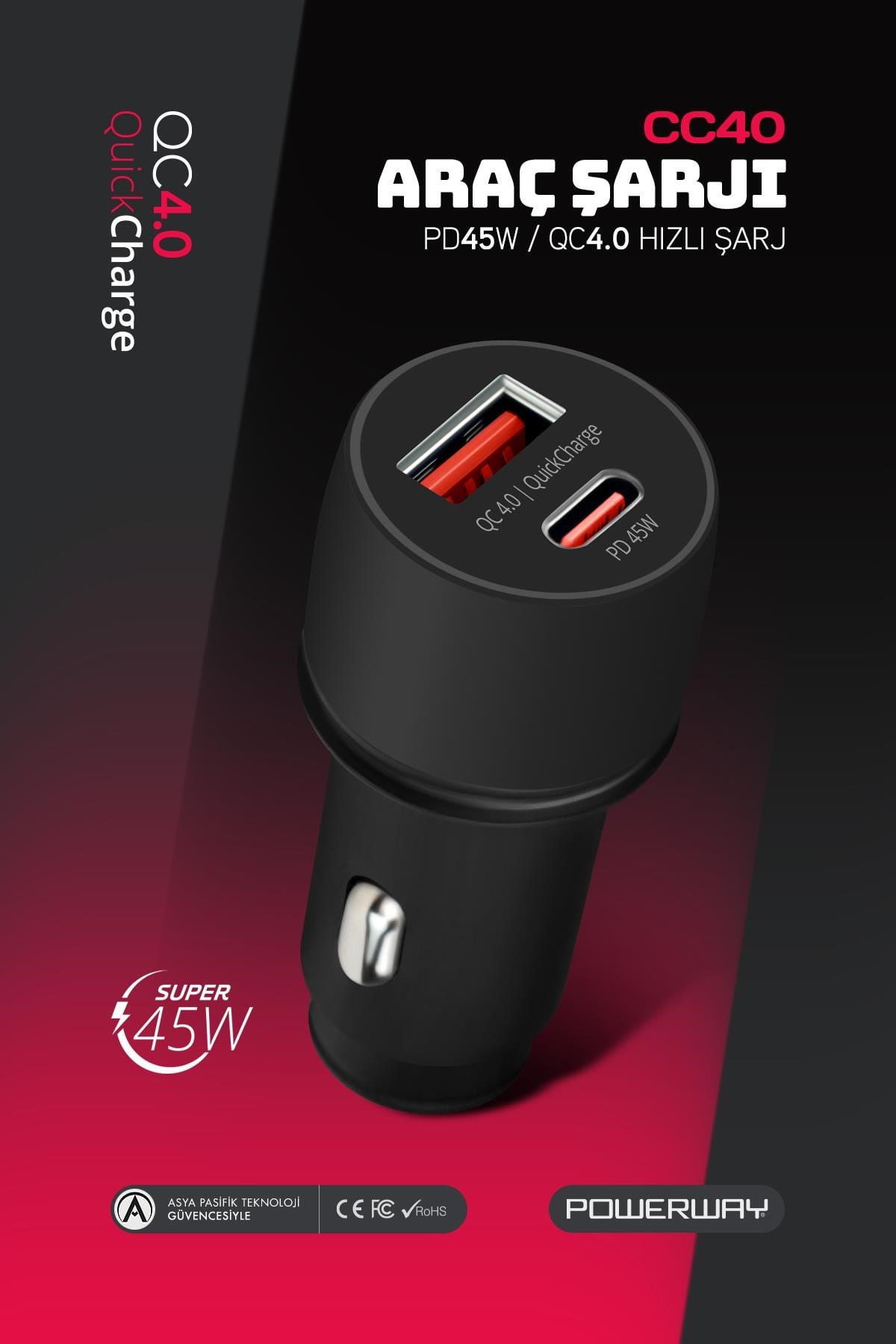 Powerway CC40 PD40W Hızlı Şarj Usb-A ve Type-C Girişli Araç Içi Çakmaklık Şarj Adaptörü