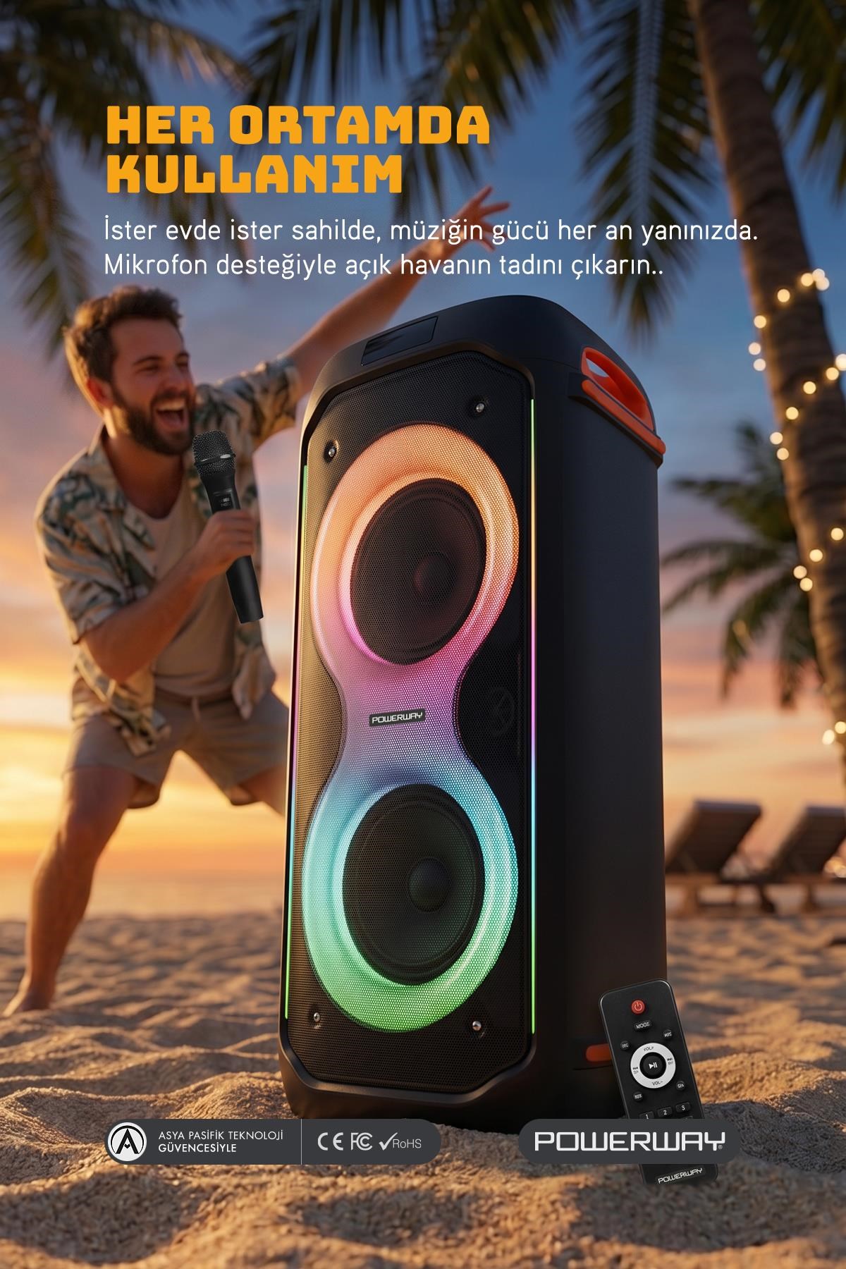 Powerway DUO XL Taşınabilir Mikrofonlu 20x2 W Karaoke Ses Kayıt Bluetooth Hoparlör Led Işıklı
