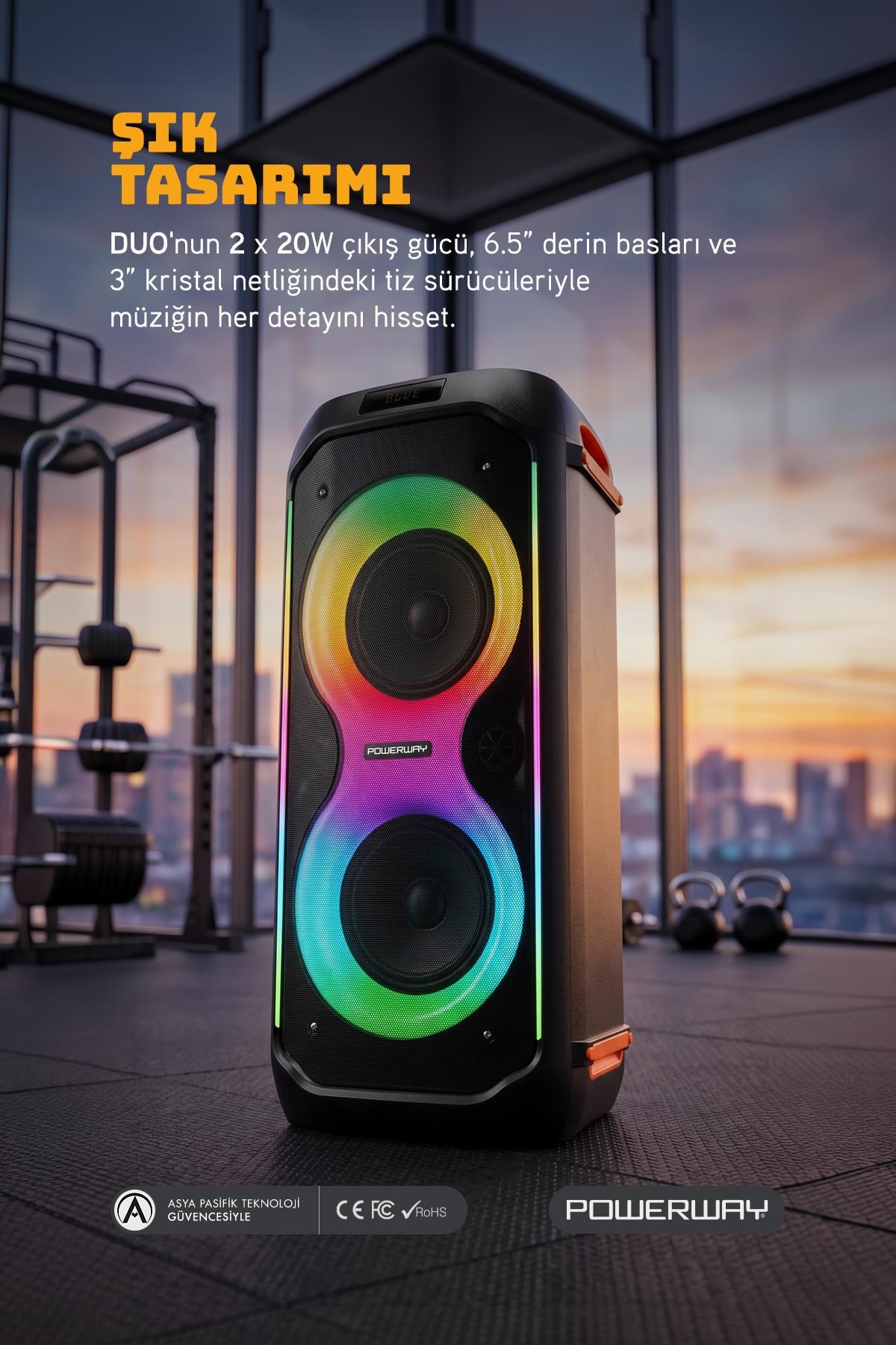 Powerway DUO XL Taşınabilir Mikrofonlu 20x2 W Karaoke Ses Kayıt Bluetooth Hoparlör Led Işıklı