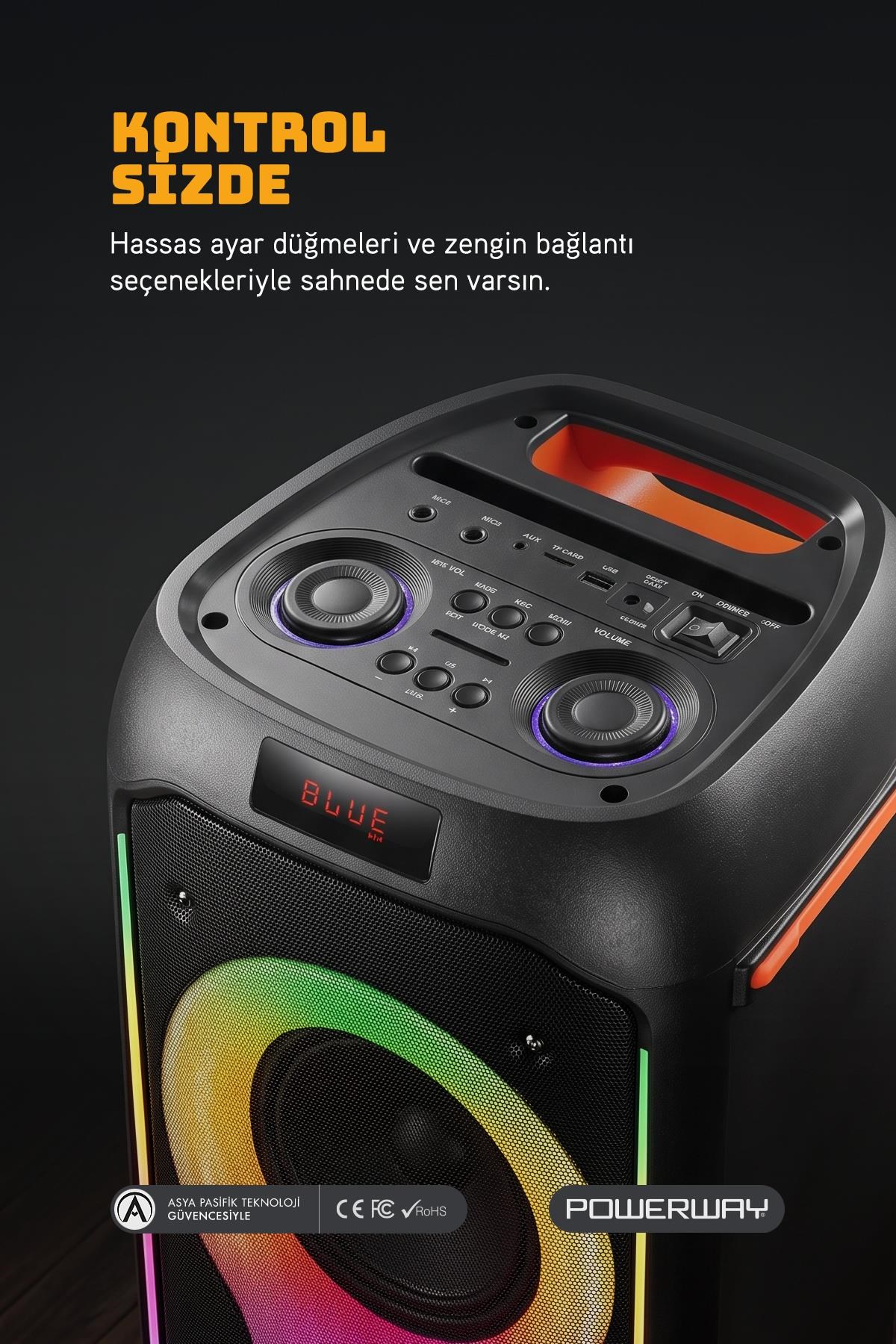 Powerway DUO XL Taşınabilir Mikrofonlu 20x2 W Karaoke Ses Kayıt Bluetooth Hoparlör Led Işıklı