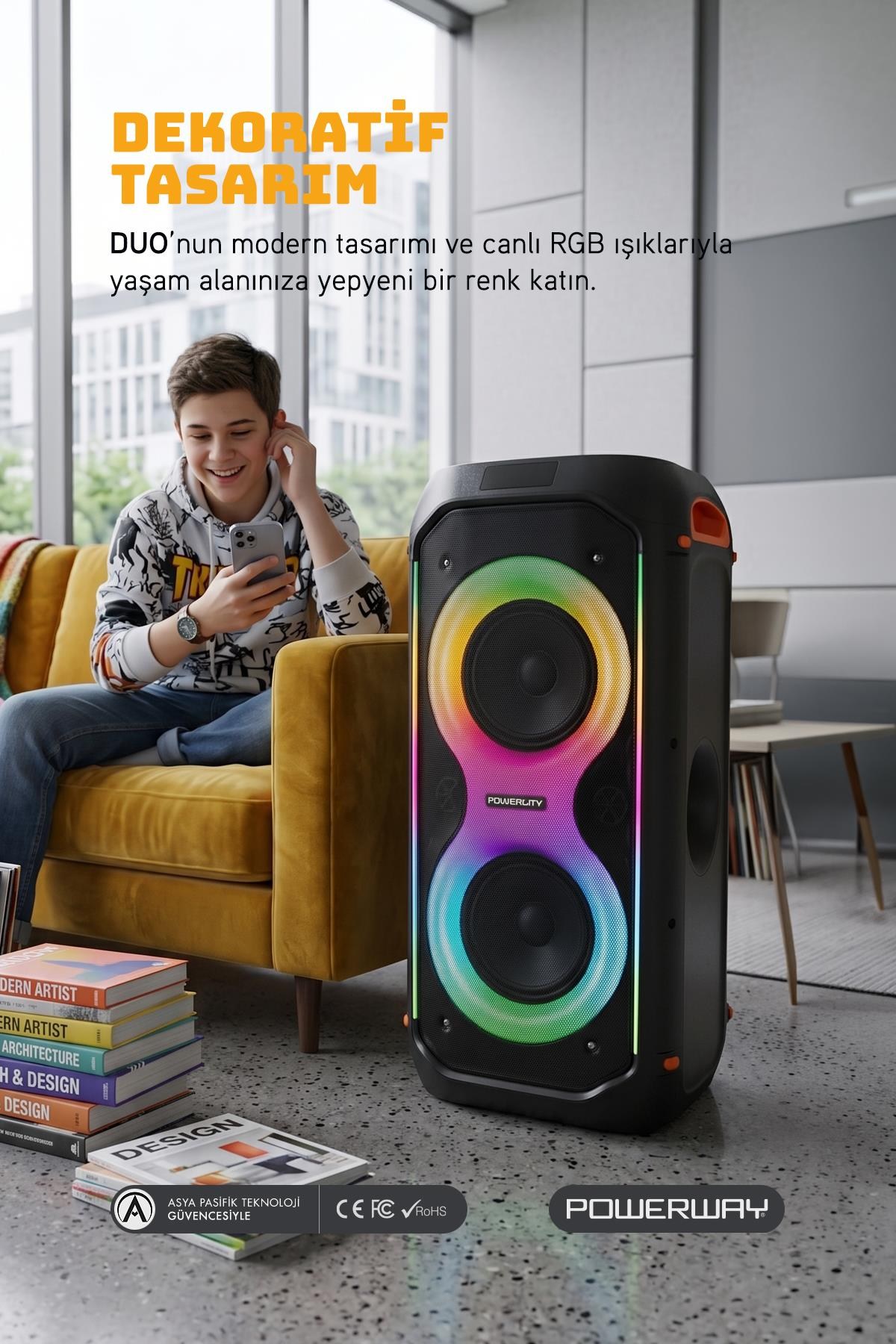 Powerway DUO XL Taşınabilir Mikrofonlu 20x2 W Karaoke Ses Kayıt Bluetooth Hoparlör Led Işıklı