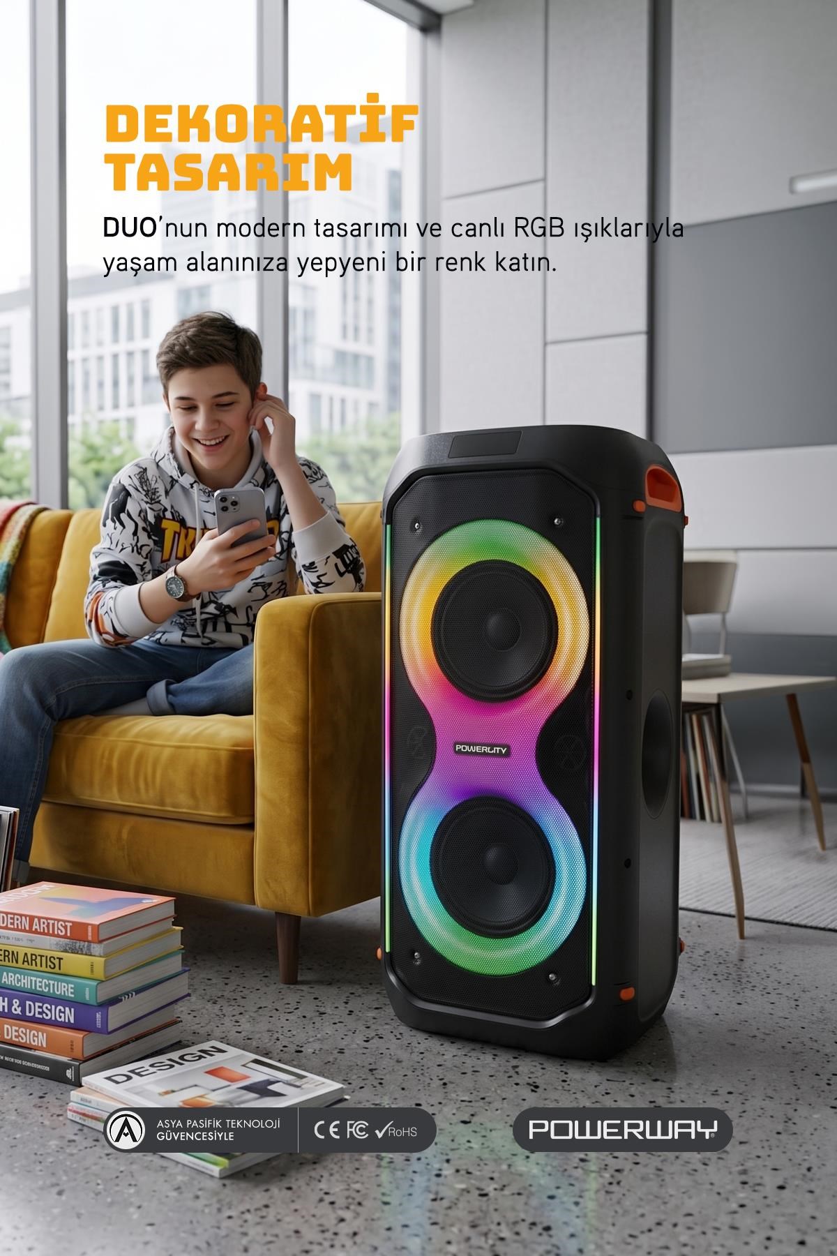 Powerway DUO XL Taşınabilir Mikrofonlu 20x2 W Karaoke Ses Kayıt Bluetooth Hoparlör Led Işıklı
