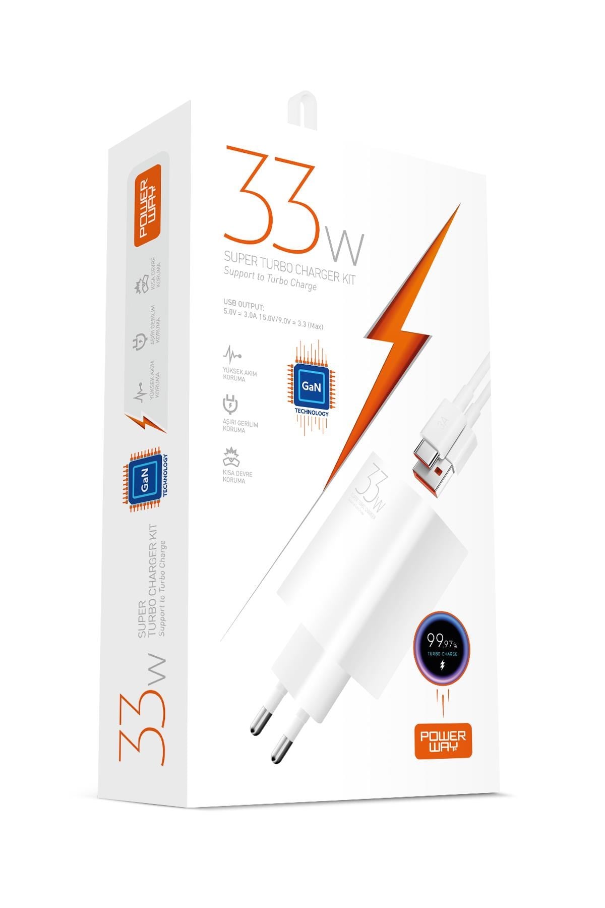 Powerway M33S Set Süper Turbo 33W Hızlı Şarj Adaptörü Gan Teknoloji Usb Şarj Başlığı Ekstra Kablolu