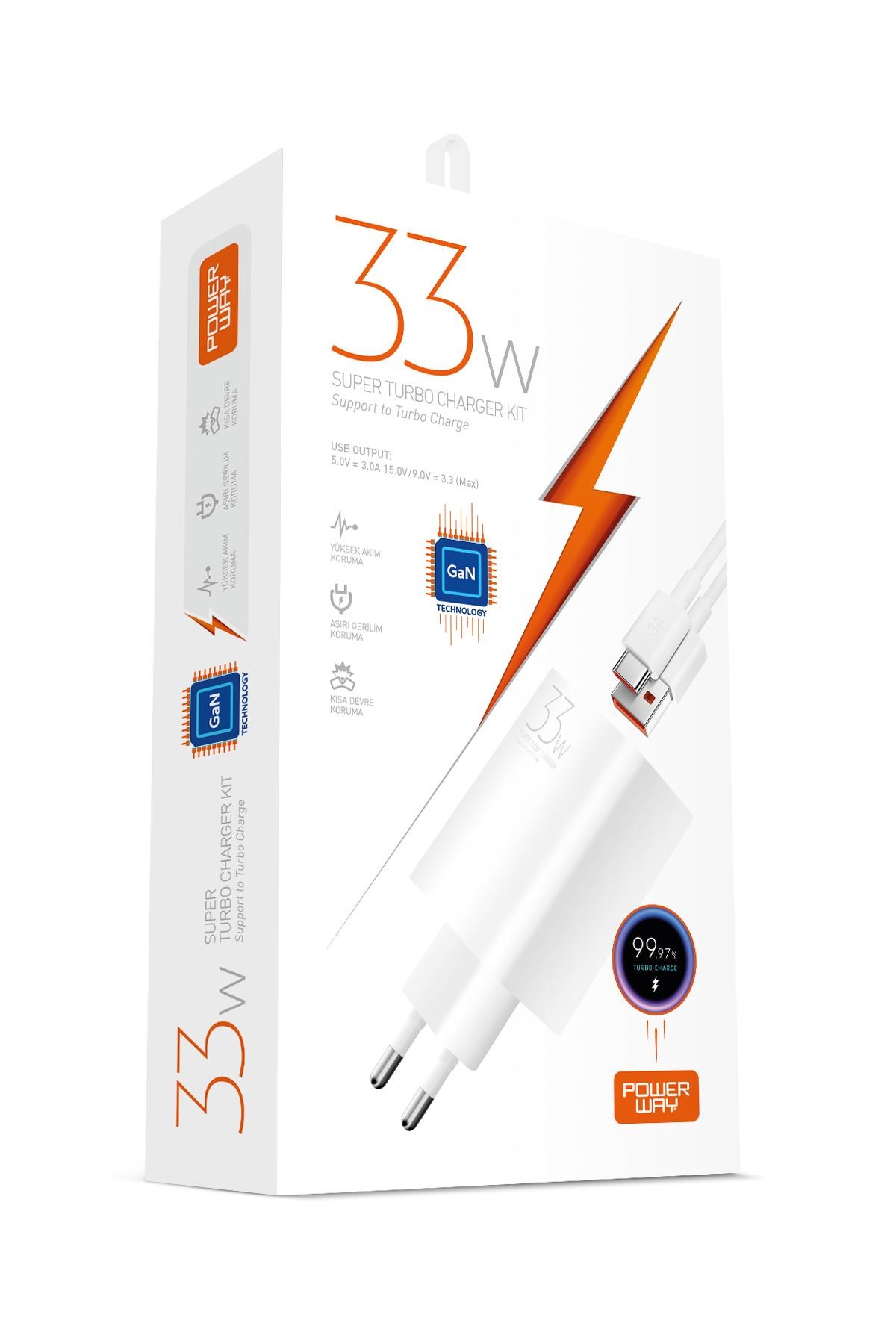 Powerway M33S Set Süper Turbo 33W Hızlı Şarj Adaptörü Gan Teknoloji Usb Şarj Başlığı Ekstra Kablolu
