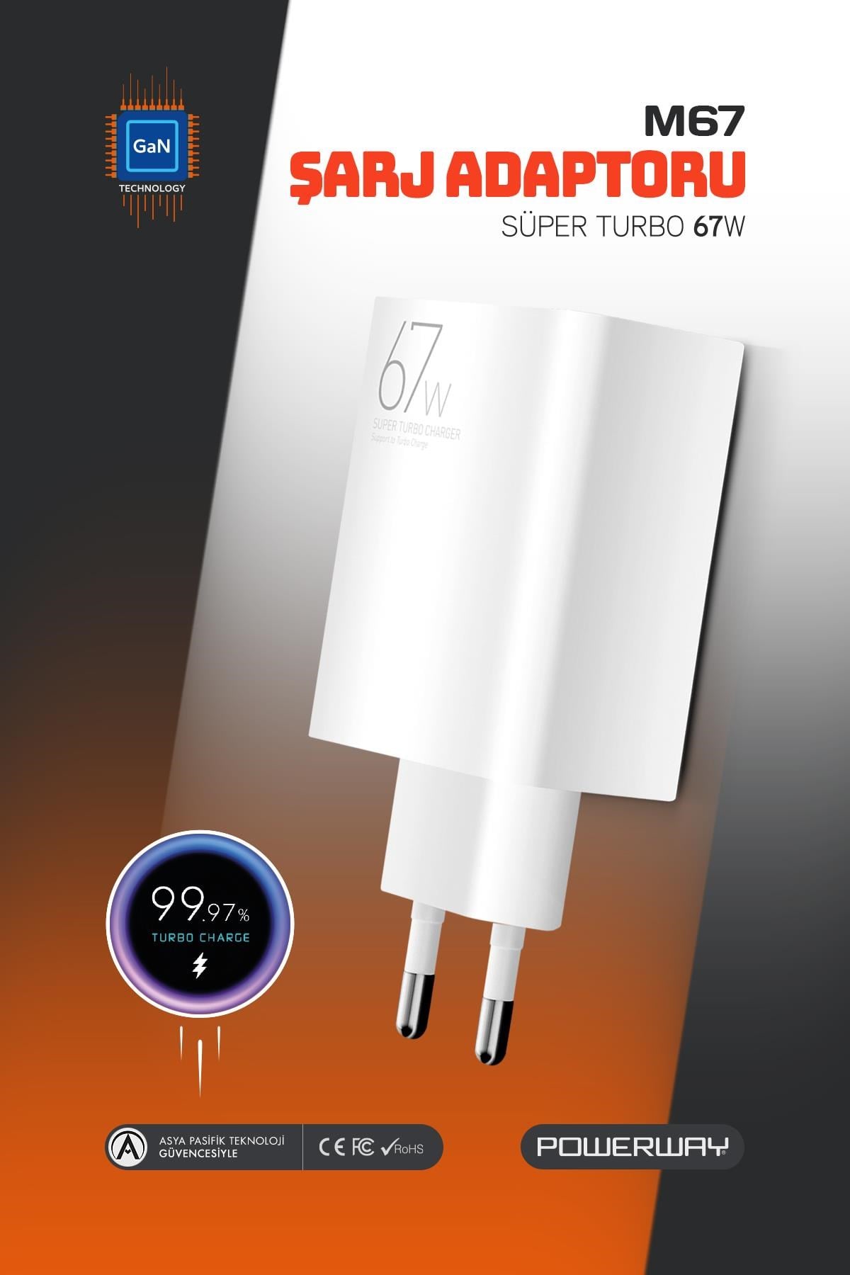 Powerway M67 Süper Turbo 67W Hızlı Şarj Adaptörü Gan Teknoloji Usb Şarj Başlığı Universal Uyumluk