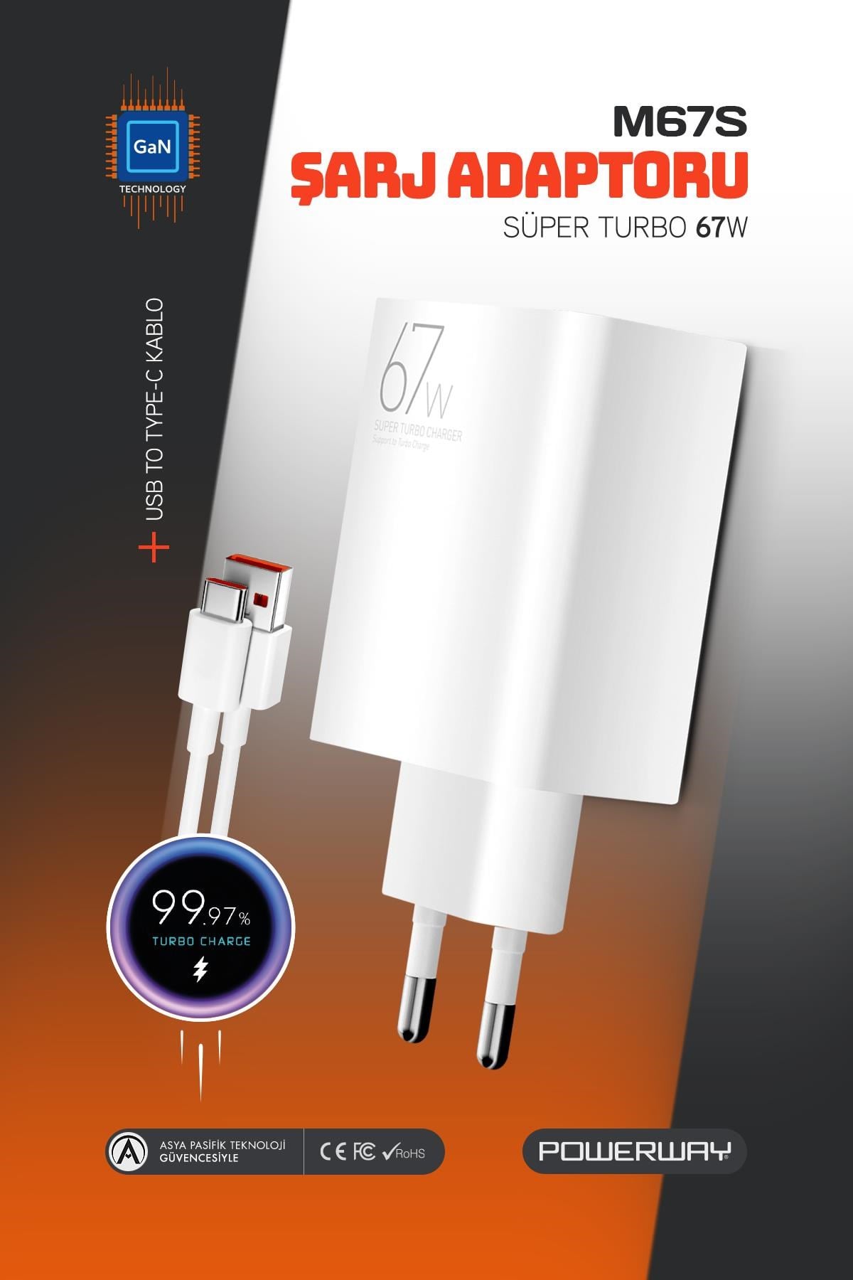 Powerway M67S Set Süper Turbo 67W Hızlı Şarj Adaptörü Gan Teknoloji Usb Şarj Başlığı Ekstra Kablolu