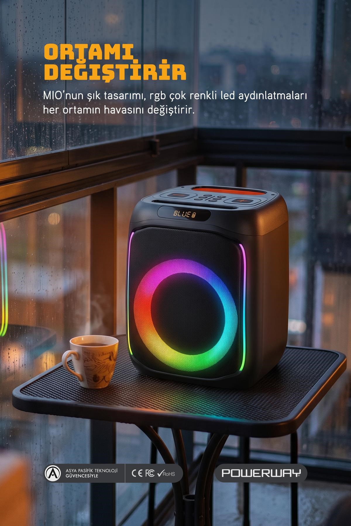 Powerway MIO Taşınabilir Mikrofonlu 40 W Parti Karaoke Kumandalı Bluetooth Hoparlör Led Işıklı