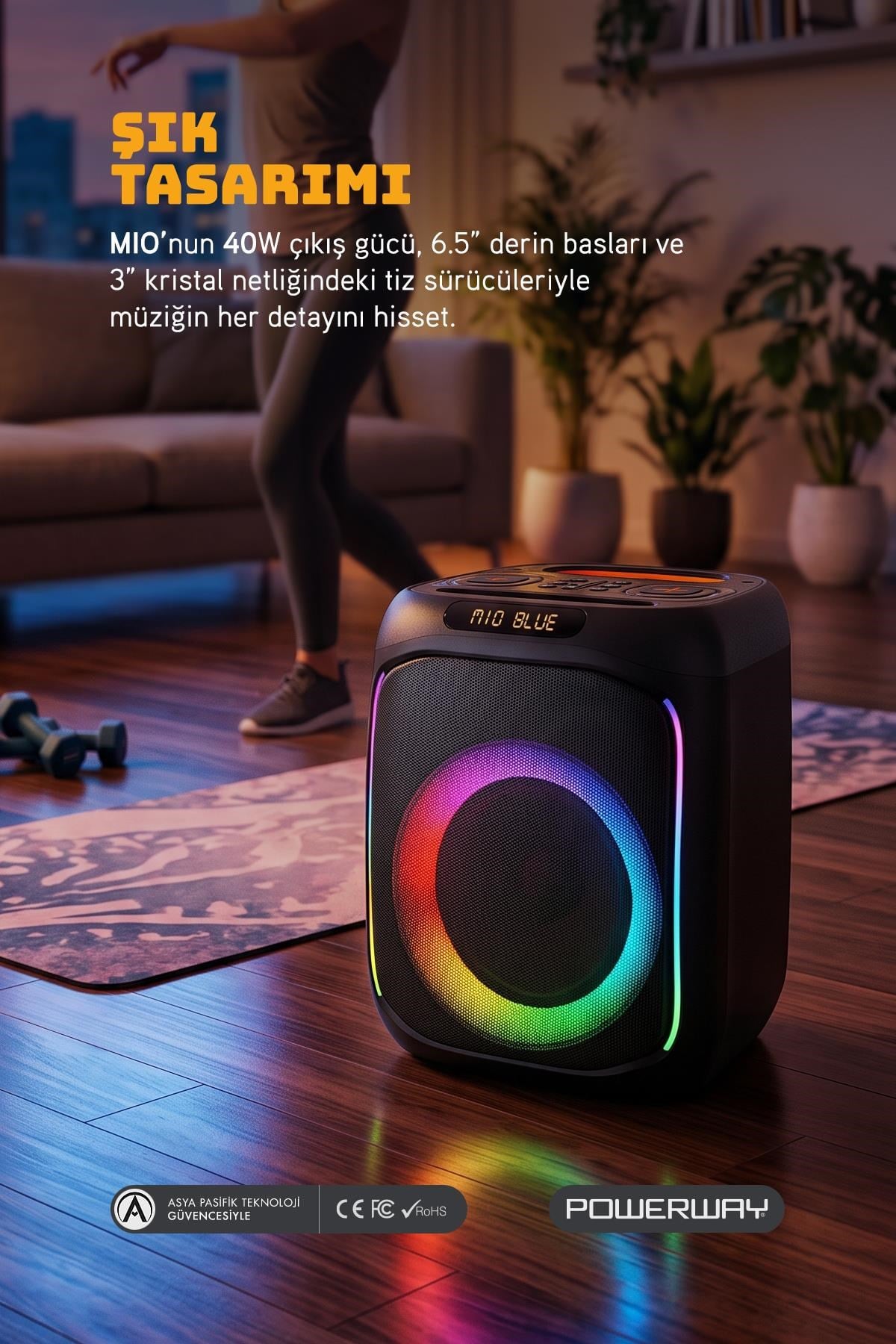 Powerway MIO Taşınabilir Mikrofonlu 40 W Parti Karaoke Kumandalı Bluetooth Hoparlör Led Işıklı