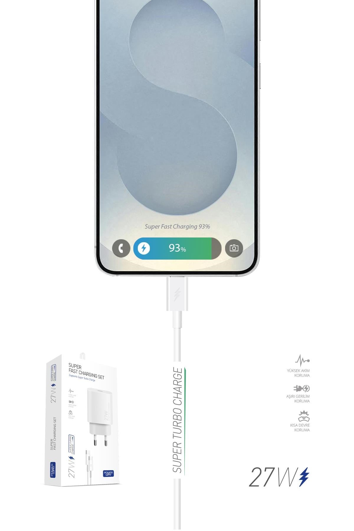 Powerway PD 27W Type-C QC 3.0 Süper Hızlı Şarj Aleti Seti S25S Adaptör ve Kablo