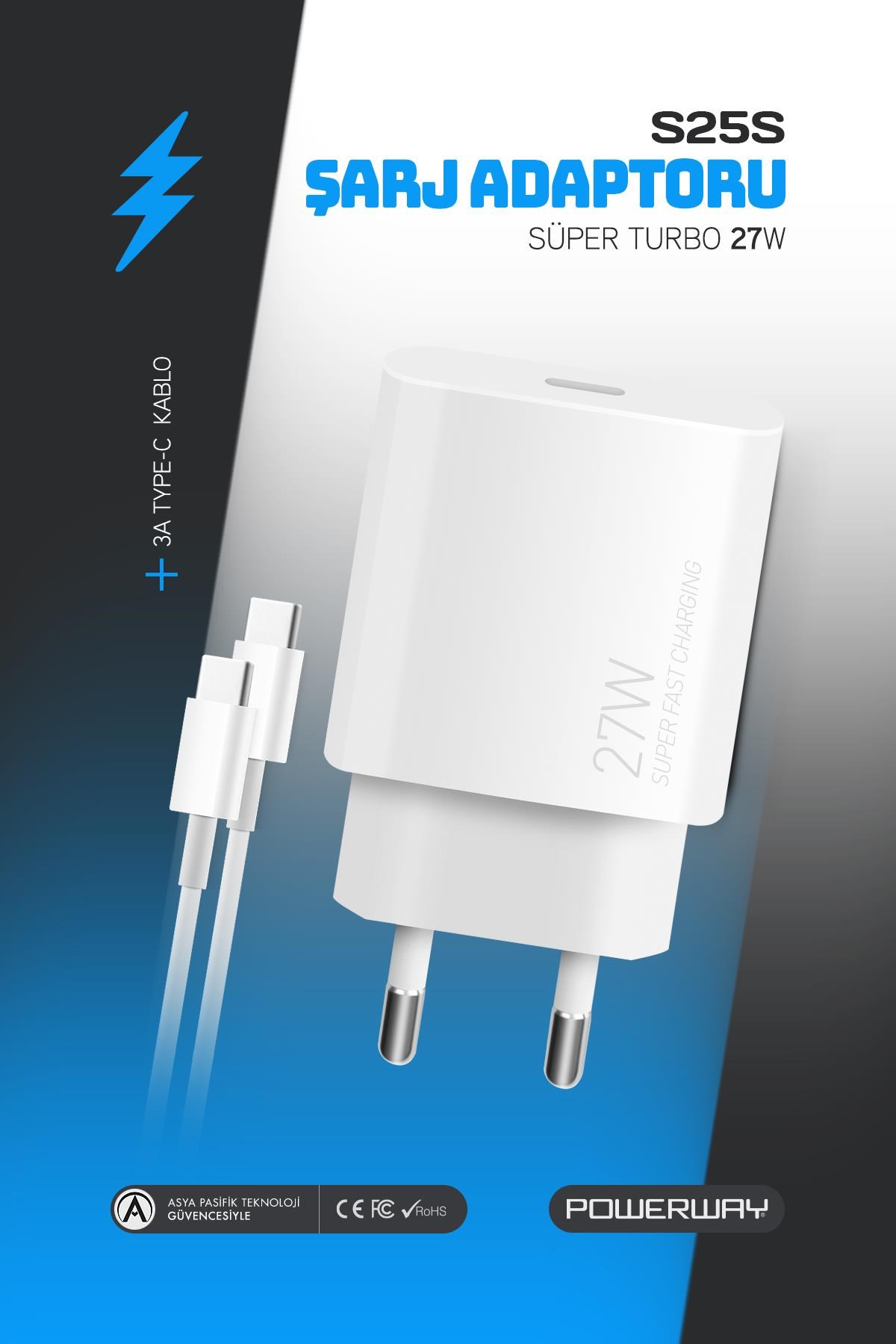 Powerway PD 27W Type-C QC 3.0 Süper Hızlı Şarj Aleti Seti S25S Adaptör ve Kablo