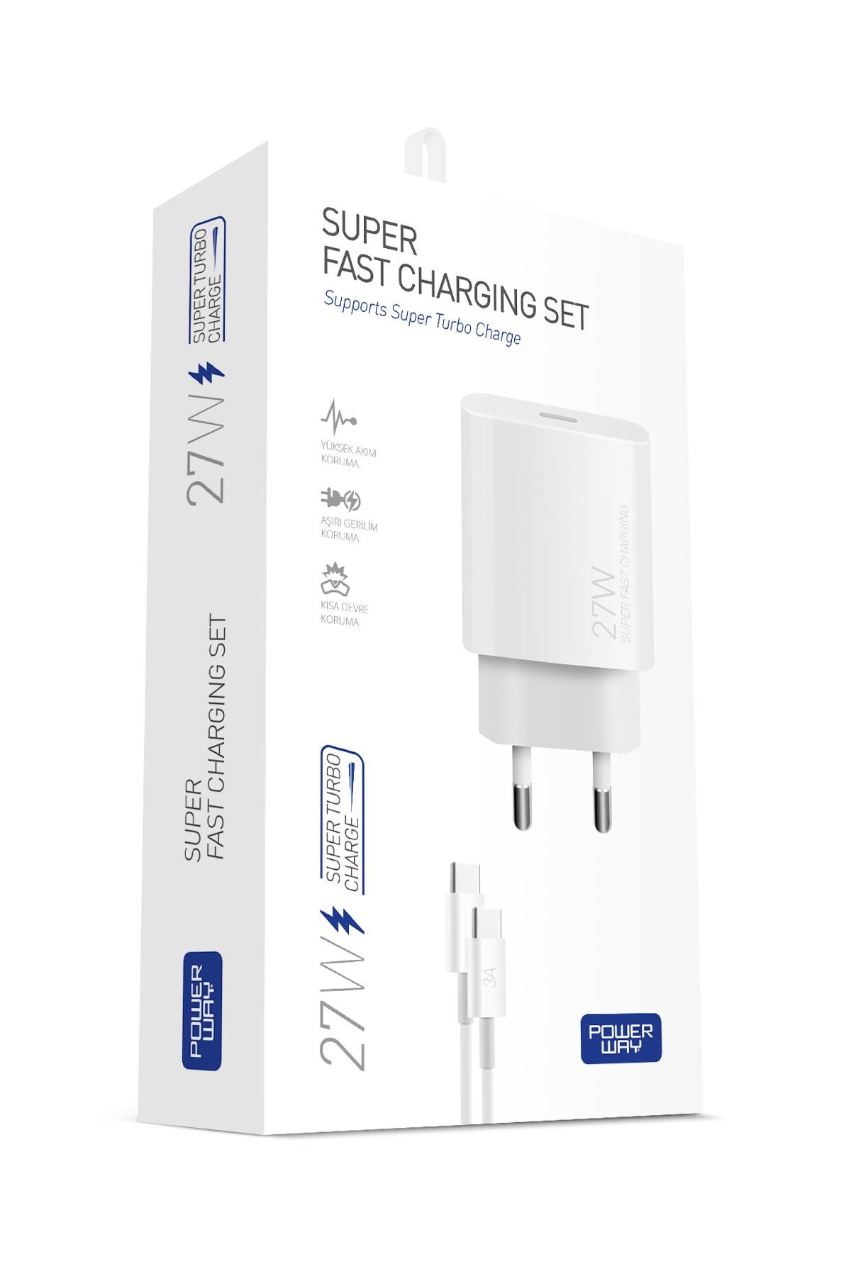 Powerway PD 27W Type-C QC 3.0 Süper Hızlı Şarj Aleti Seti S25S Adaptör ve Kablo