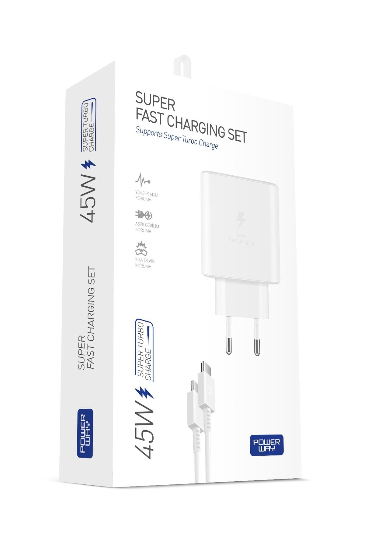 Powerway PD 45W Type-C QC 3.0 Süper Hızlı Şarj Aleti Seti S45S Adaptör ve Kablo