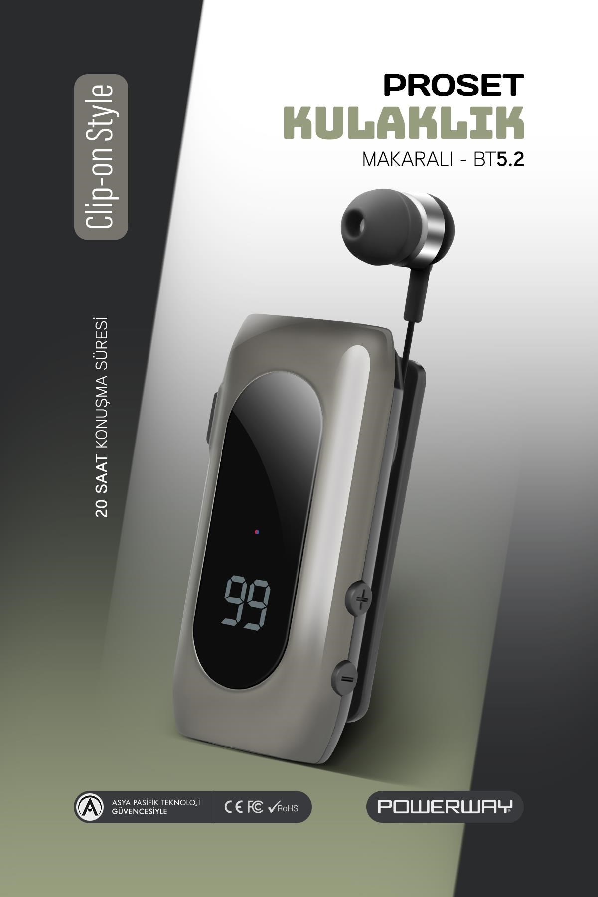 Powerway ProSet Mikrofonlu Yaka Askılı Şarj Göstergeli Makaralı Bluetooth Kulaklık
