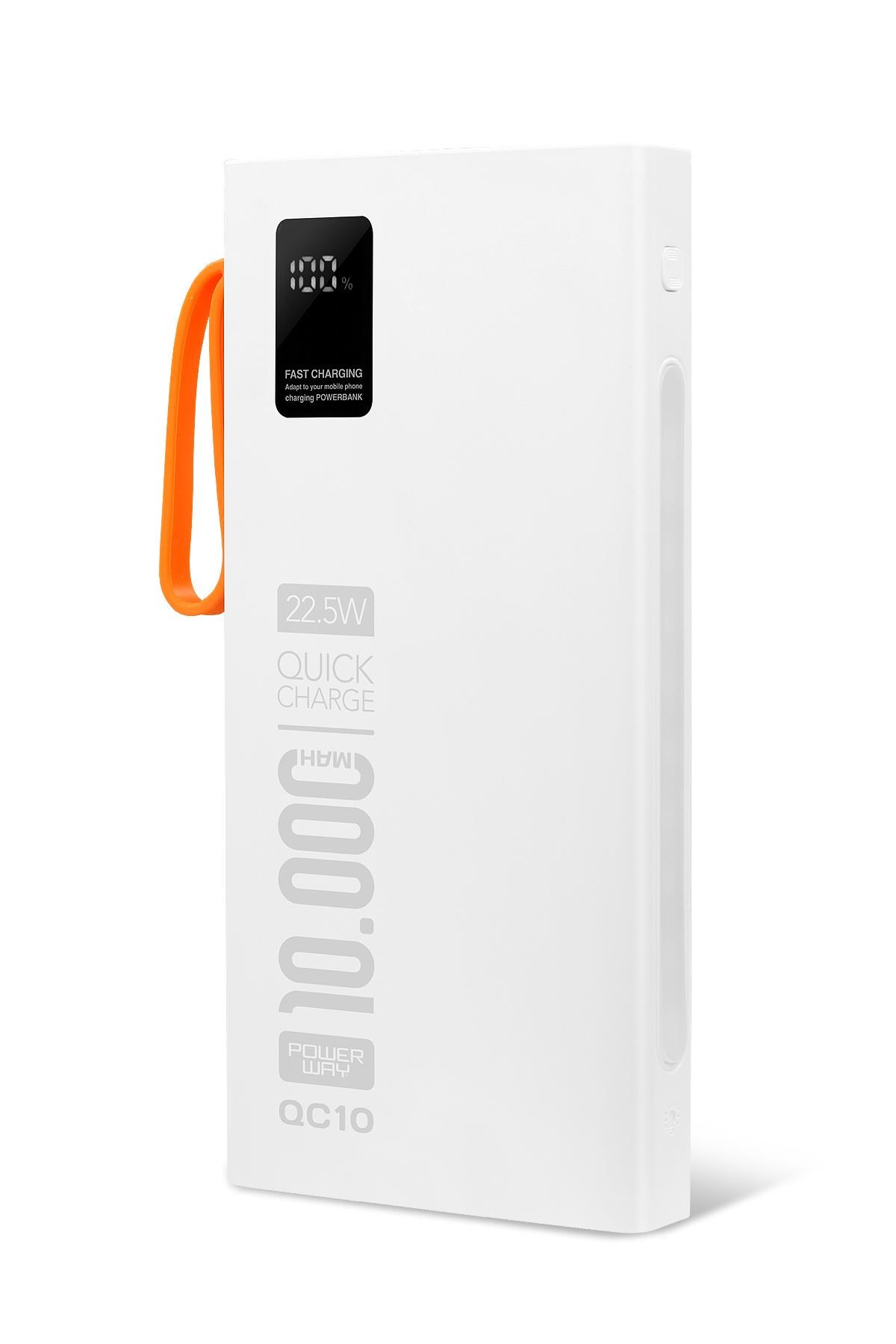 Powerway QC10 Beyaz 10.000 Mah PD 22.5W Dahili Kablolu Hızlı Şarj Led Işıklı Powerbank