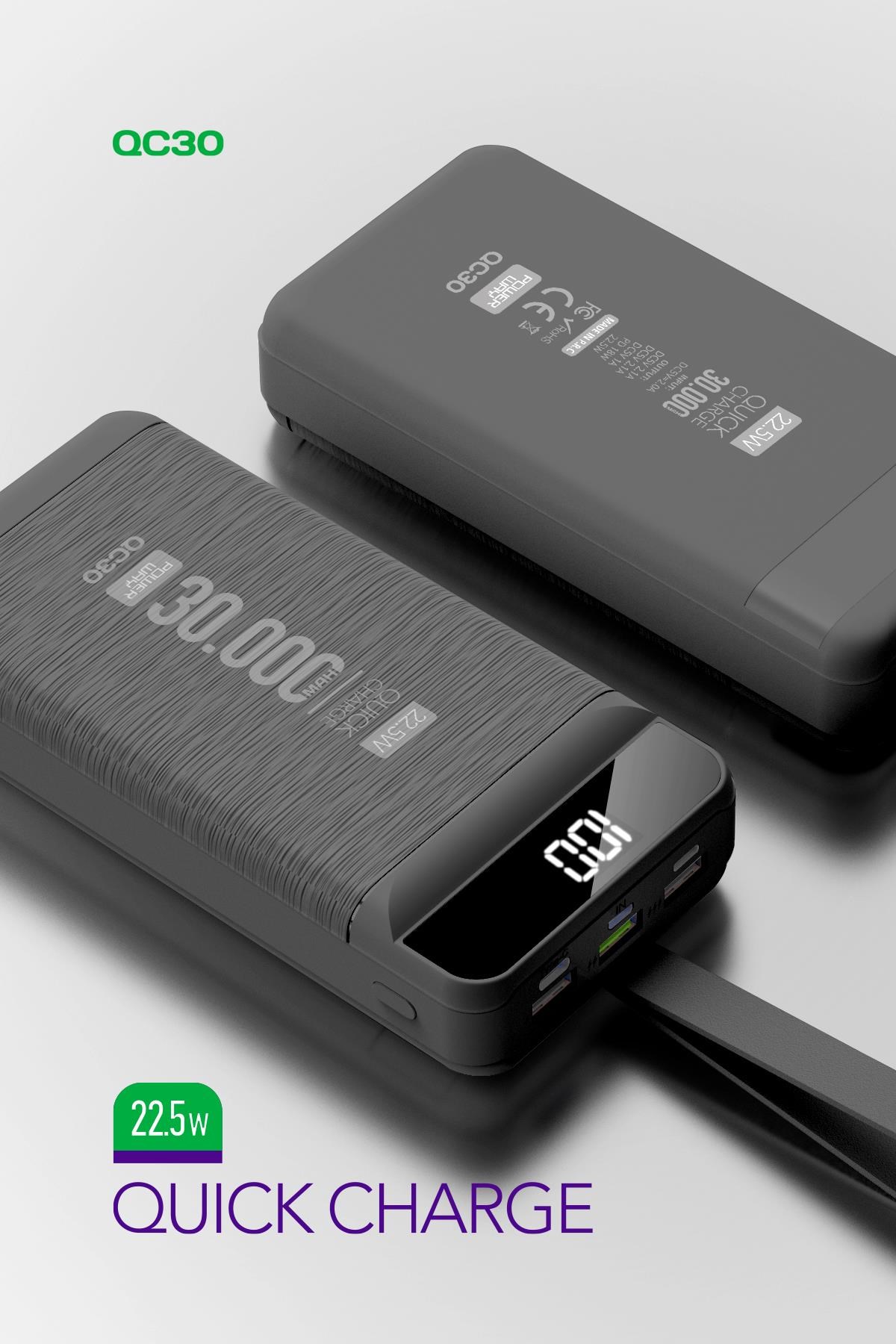Powerway QC30 Siyah 30.000 Mah PD 22.5W Hızlı Şarj Led Işıklı Powerbank