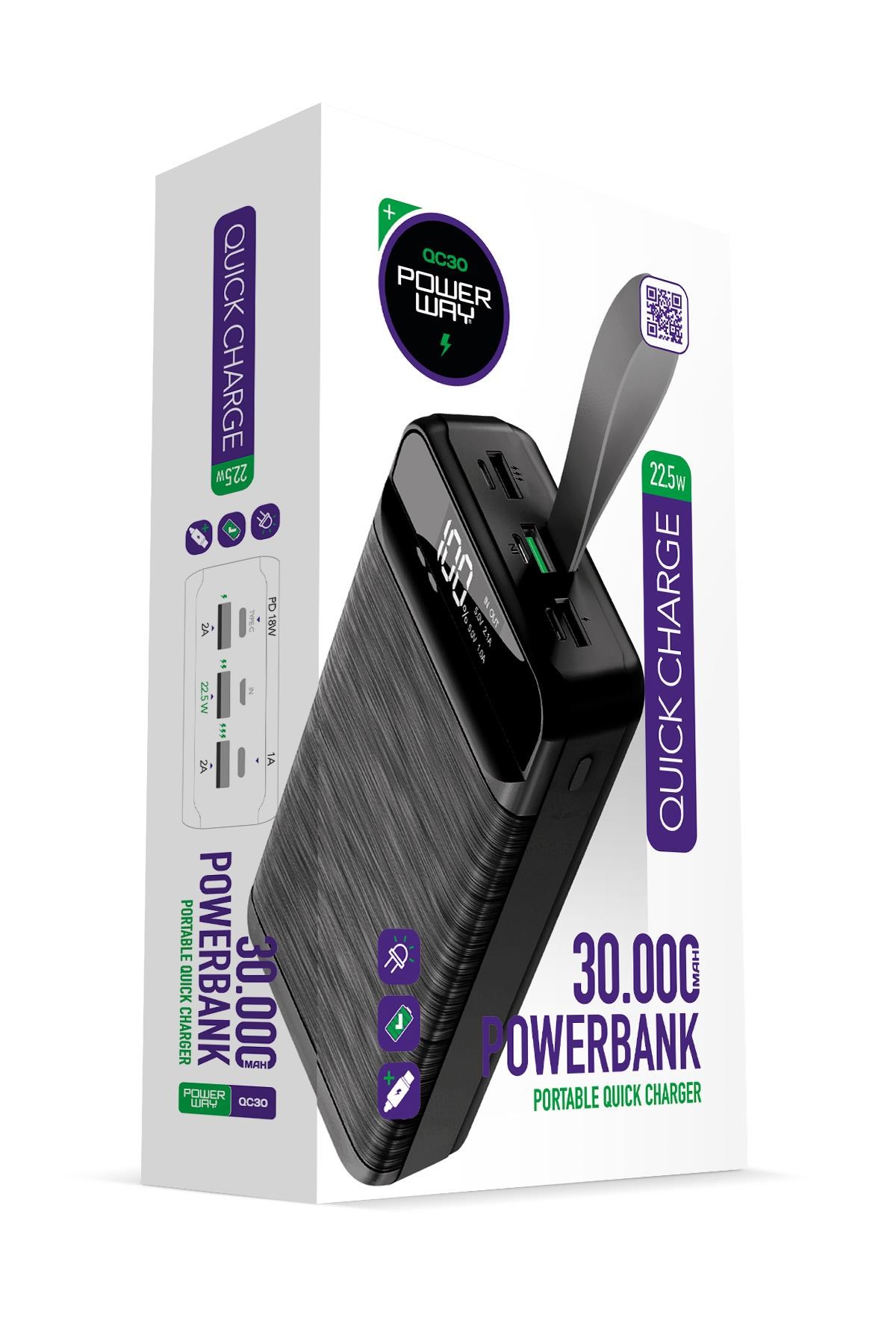 Powerway QC30 Siyah 30.000 Mah PD 22.5W Hızlı Şarj Led Işıklı Powerbank