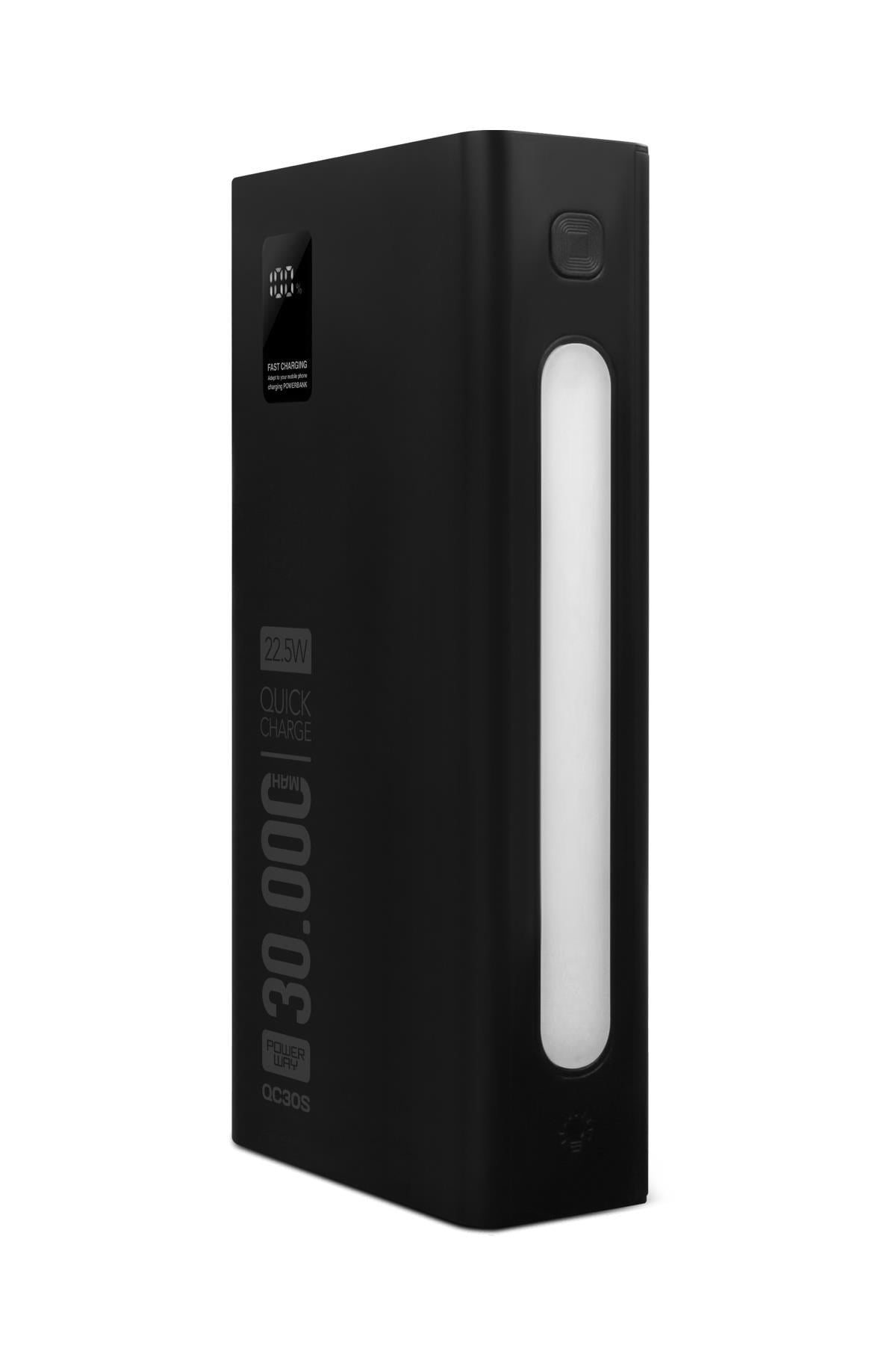 Powerway QC30S Siyah 30.000 Mah PD 22.5W Dahili Kablolu Hızlı Şarj Led Işıklı Powerbank