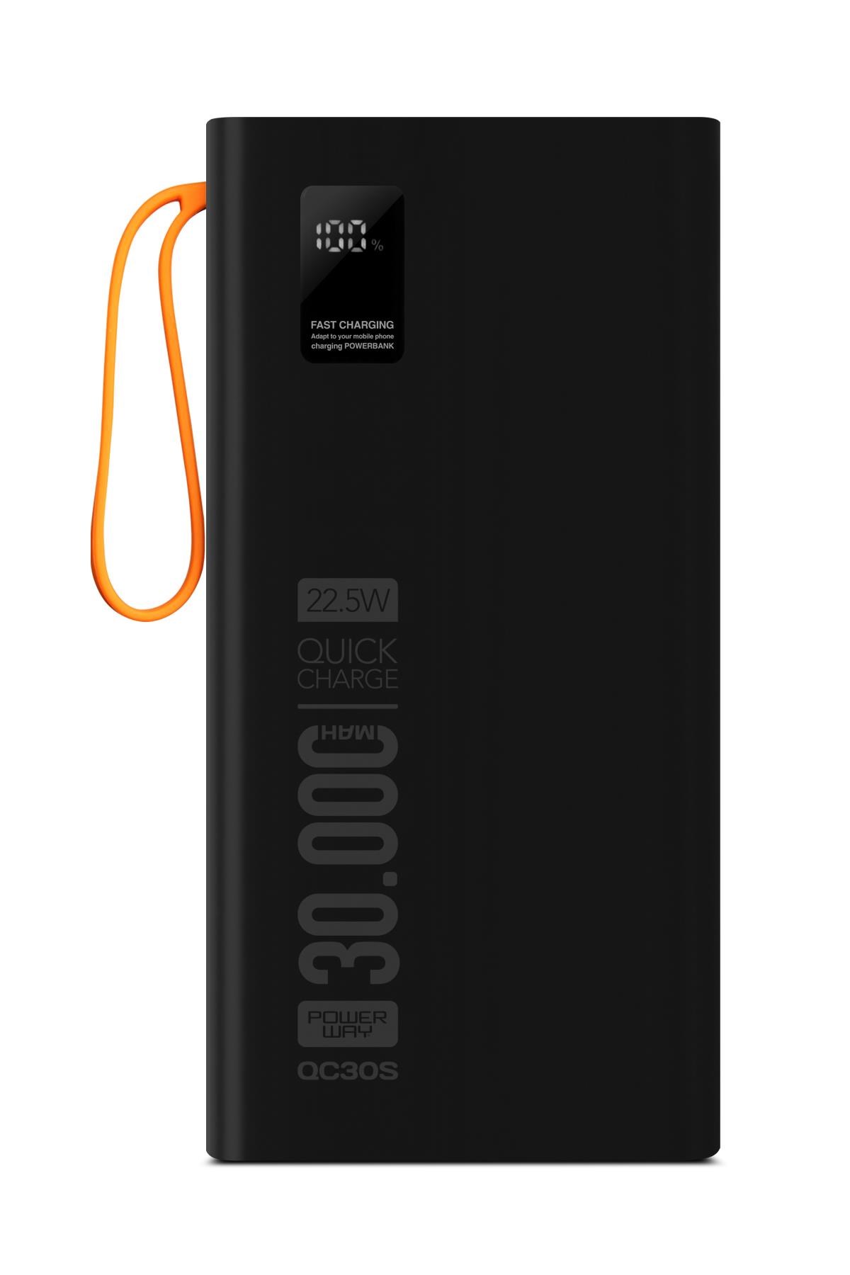 Powerway QC30S Siyah 30.000 Mah PD 22.5W Dahili Kablolu Hızlı Şarj Led Işıklı Powerbank
