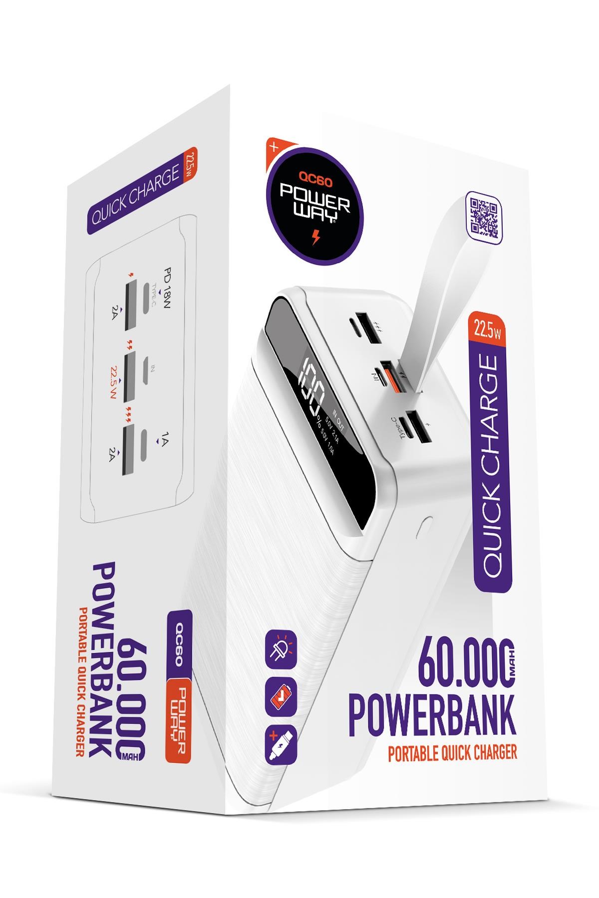 Powerway QC60 Beyaz 60.000 Mah PD 22.5W Hızlı Şarj Led Işıklı Powerbank