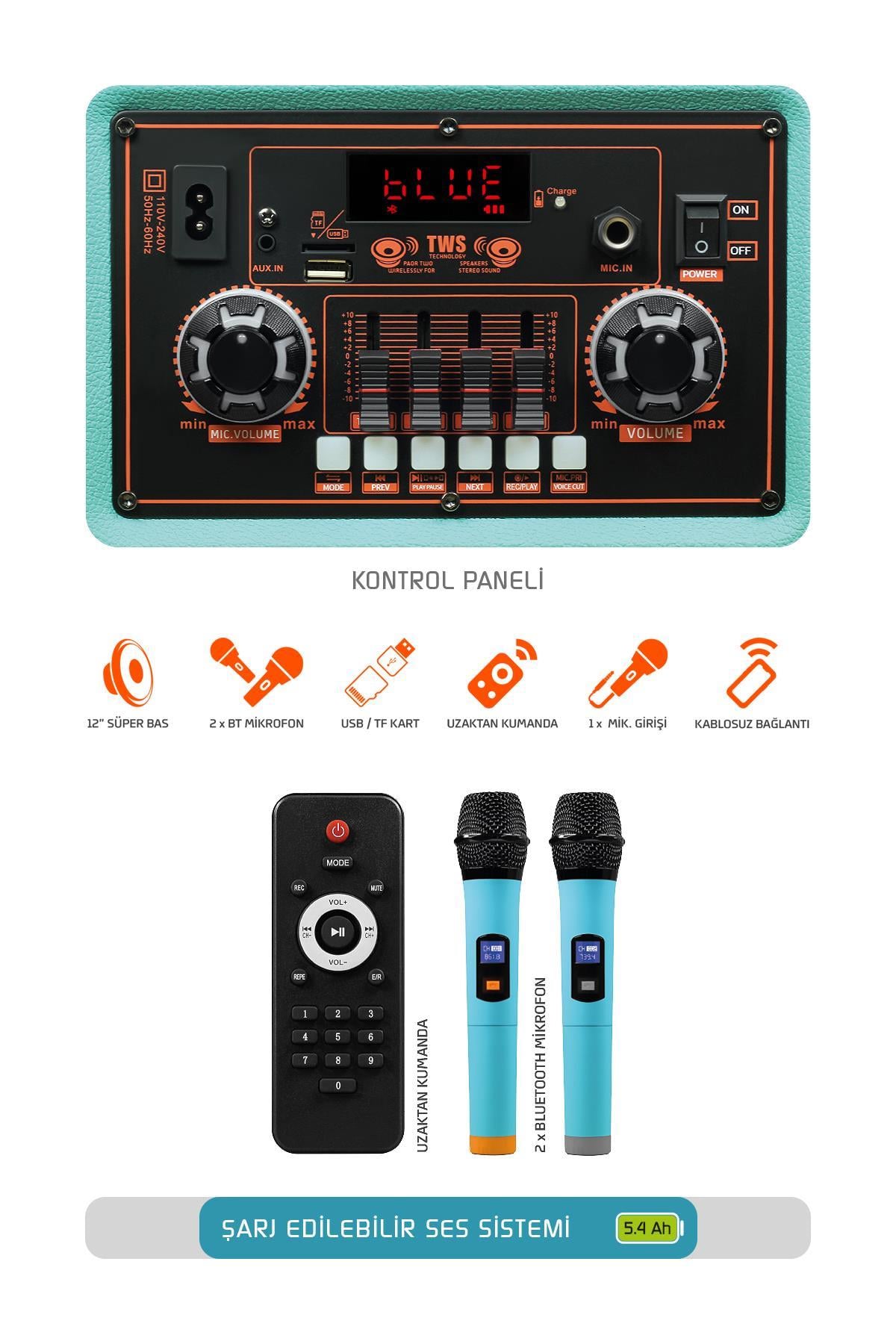 Powerway Şarjlı Çift Mikrofonlu Ses Sistemi Karaoke Sistemi Taşınabilir Amfi MTX7 Bluetooth Hoparlör
